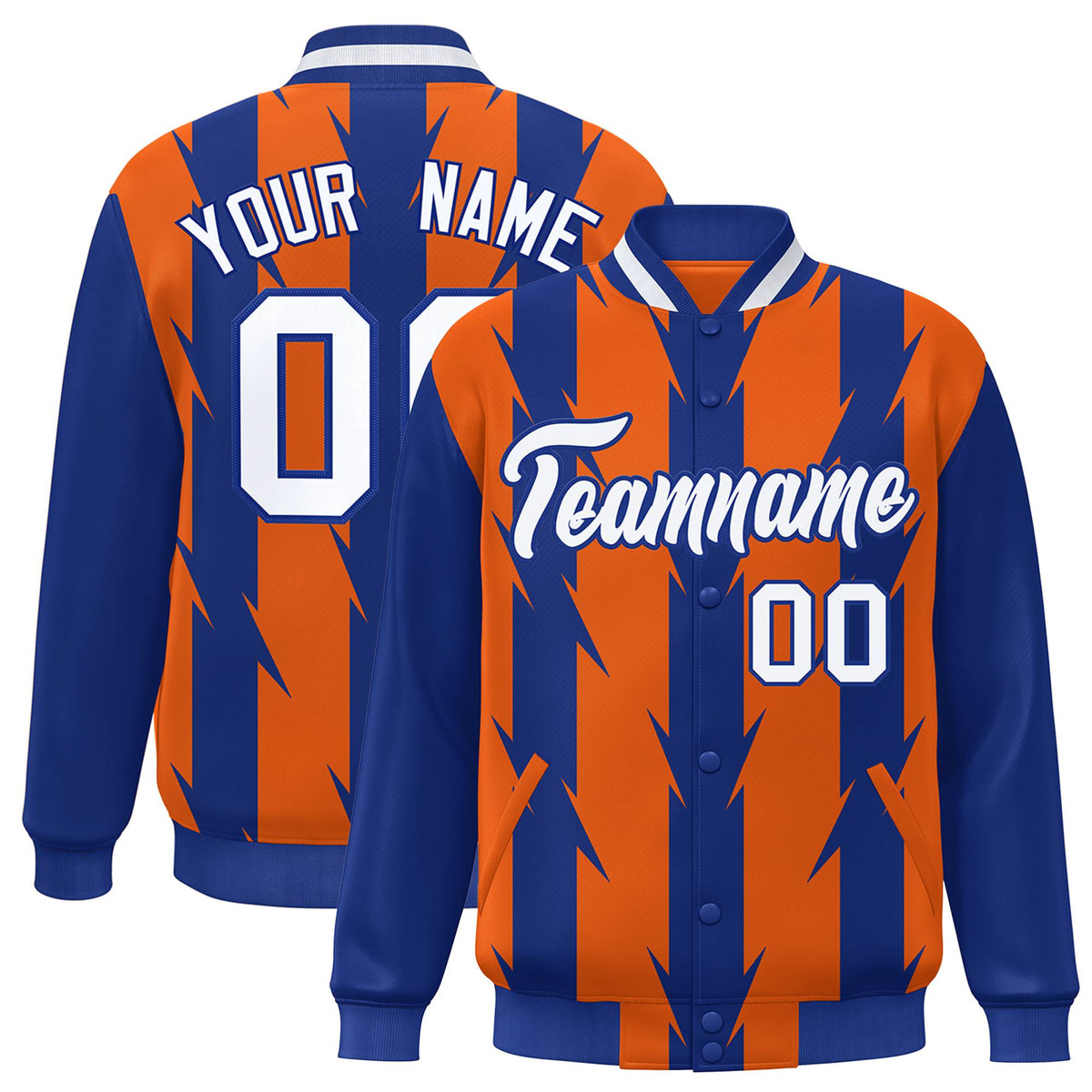 Custom Orange Royal Blue-White Blade Graffiti Pattern Varsity Full-Snap Jacket
