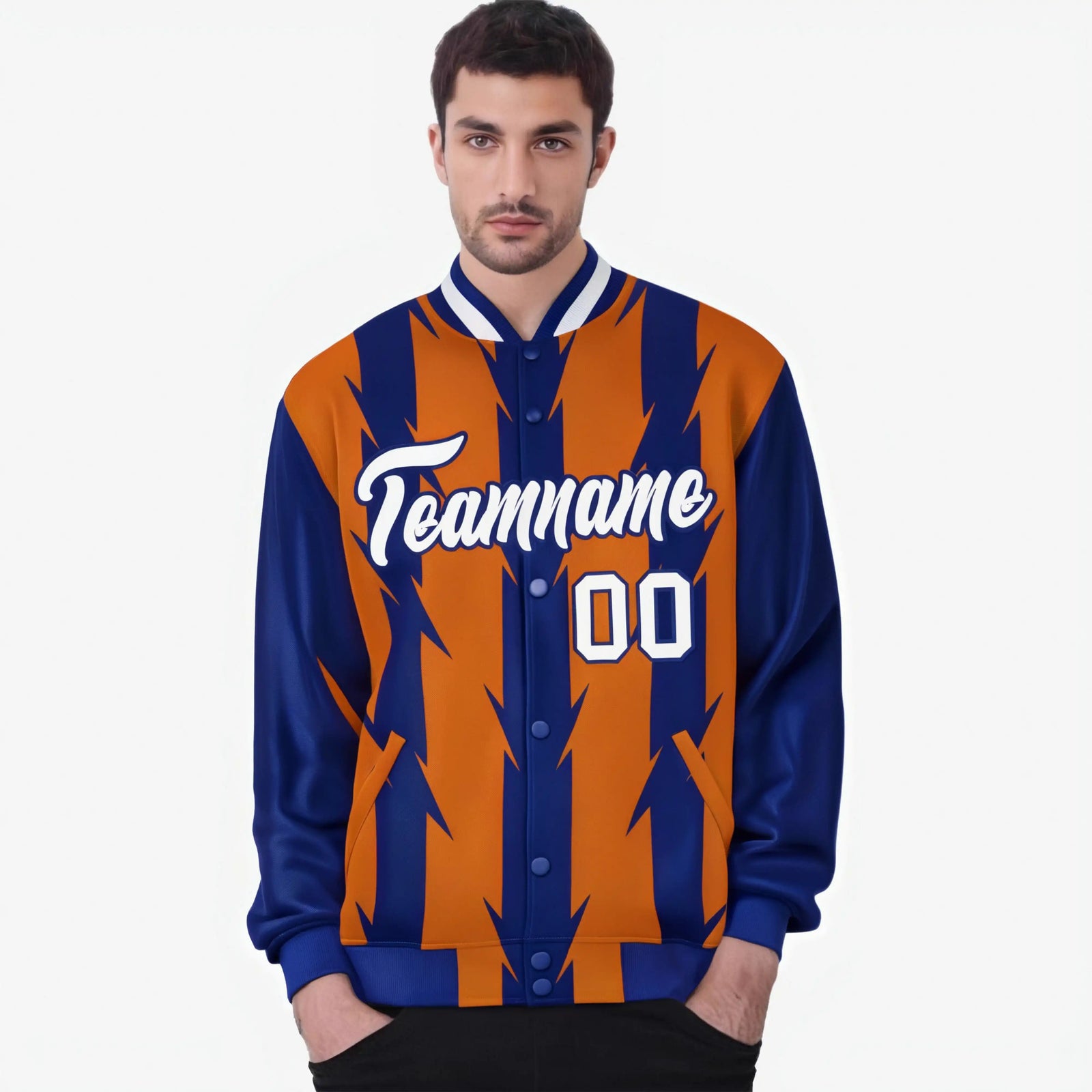 Custom Orange Royal Blue-White Blade Graffiti Pattern Varsity Full-Snap Jacket