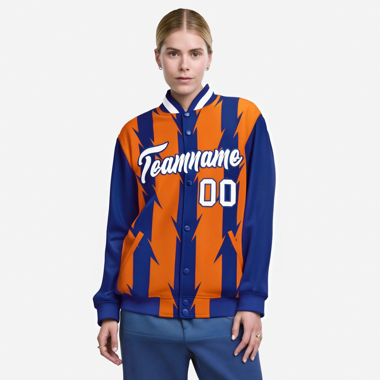 Custom Orange Royal Blue-White Blade Graffiti Pattern Varsity Full-Snap Jacket