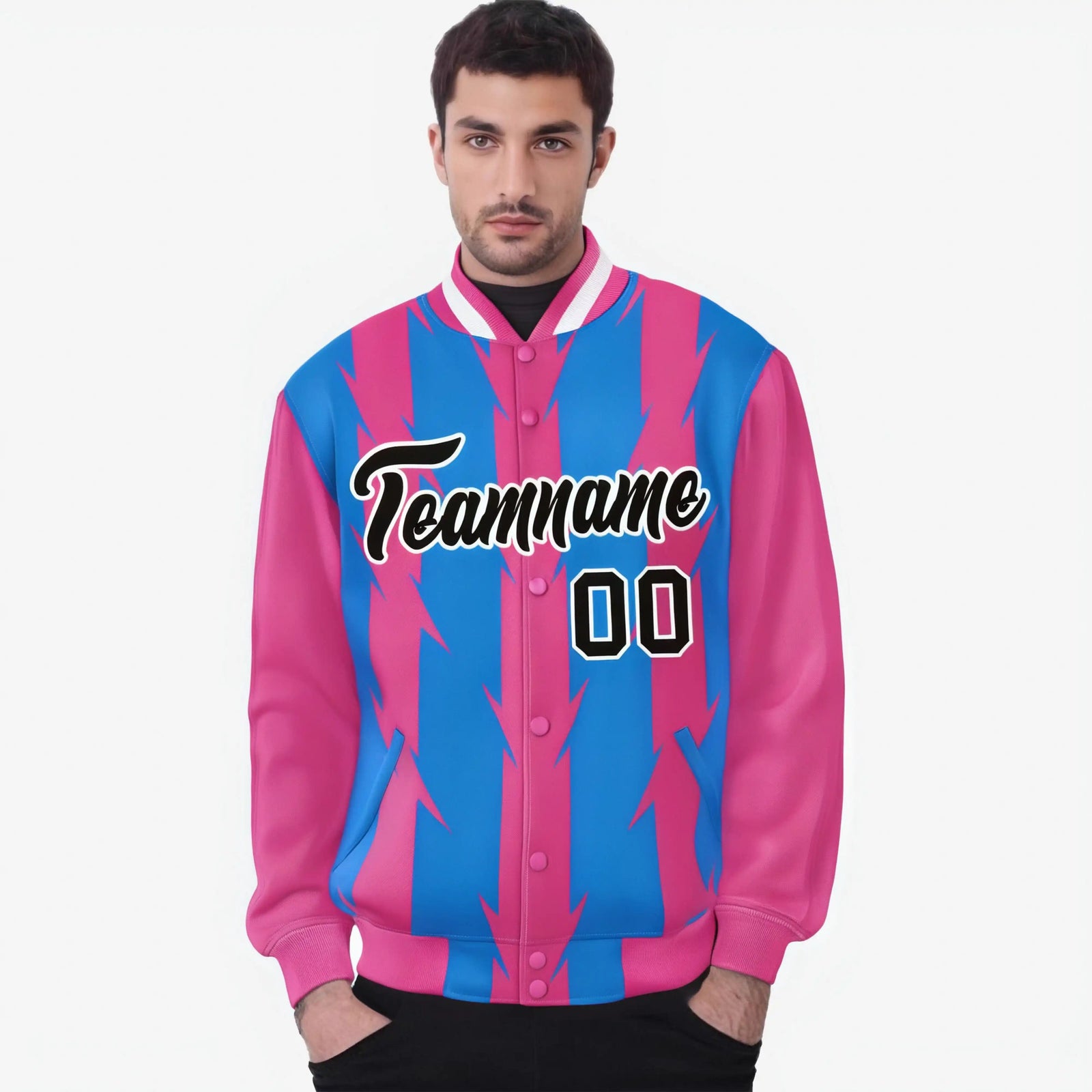 Custom Powder Blue Pink-Black Blade Graffiti Pattern Varsity Full-Snap Jacket