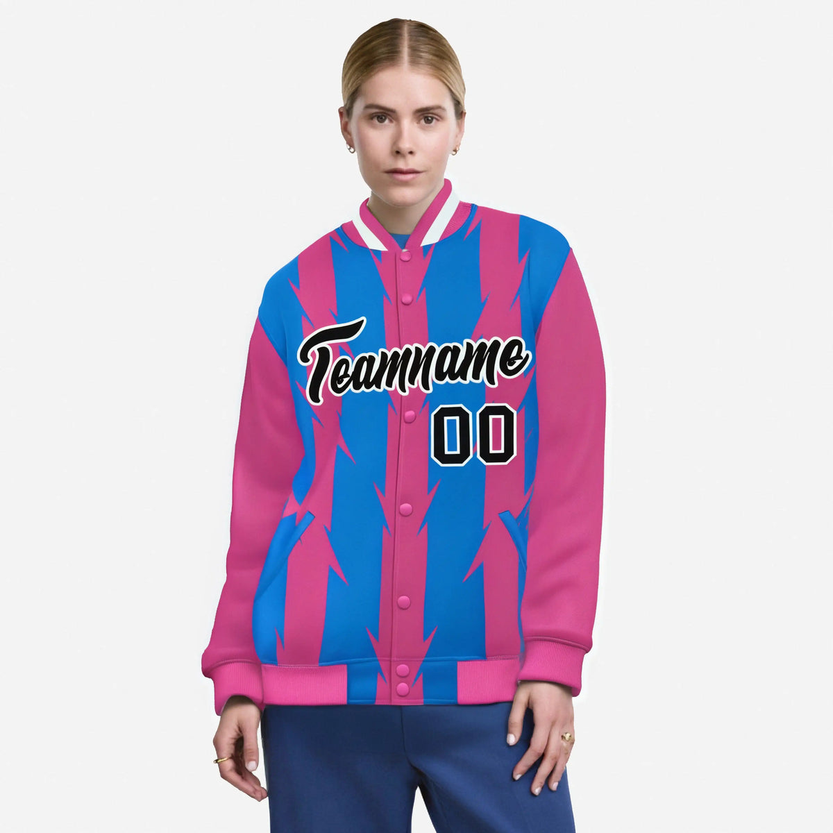 Custom Powder Blue Pink-Black Blade Graffiti Pattern Varsity Full-Snap Jacket