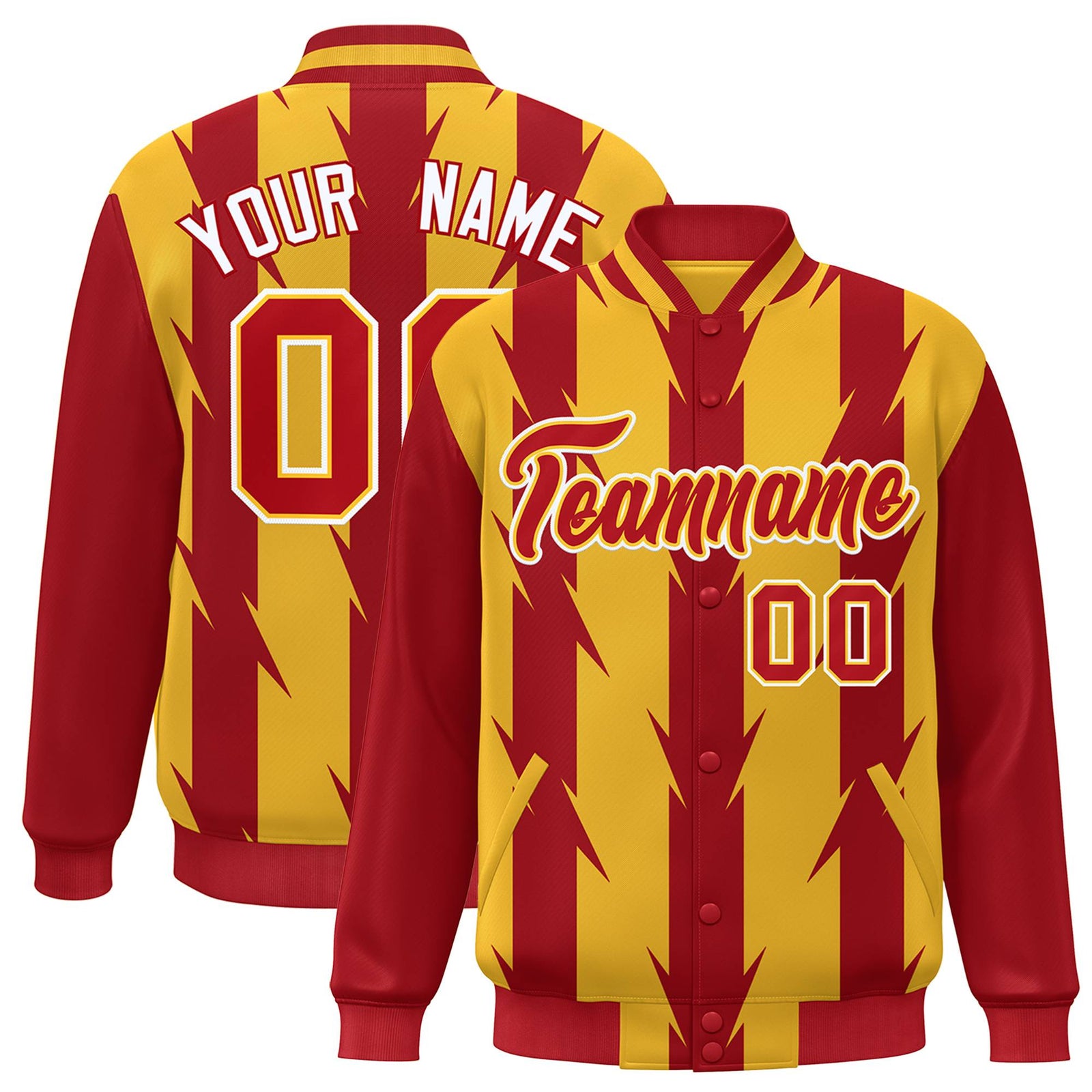 Custom Yellow Red-White Blade Graffiti Pattern Varsity Full-Snap Jacket
