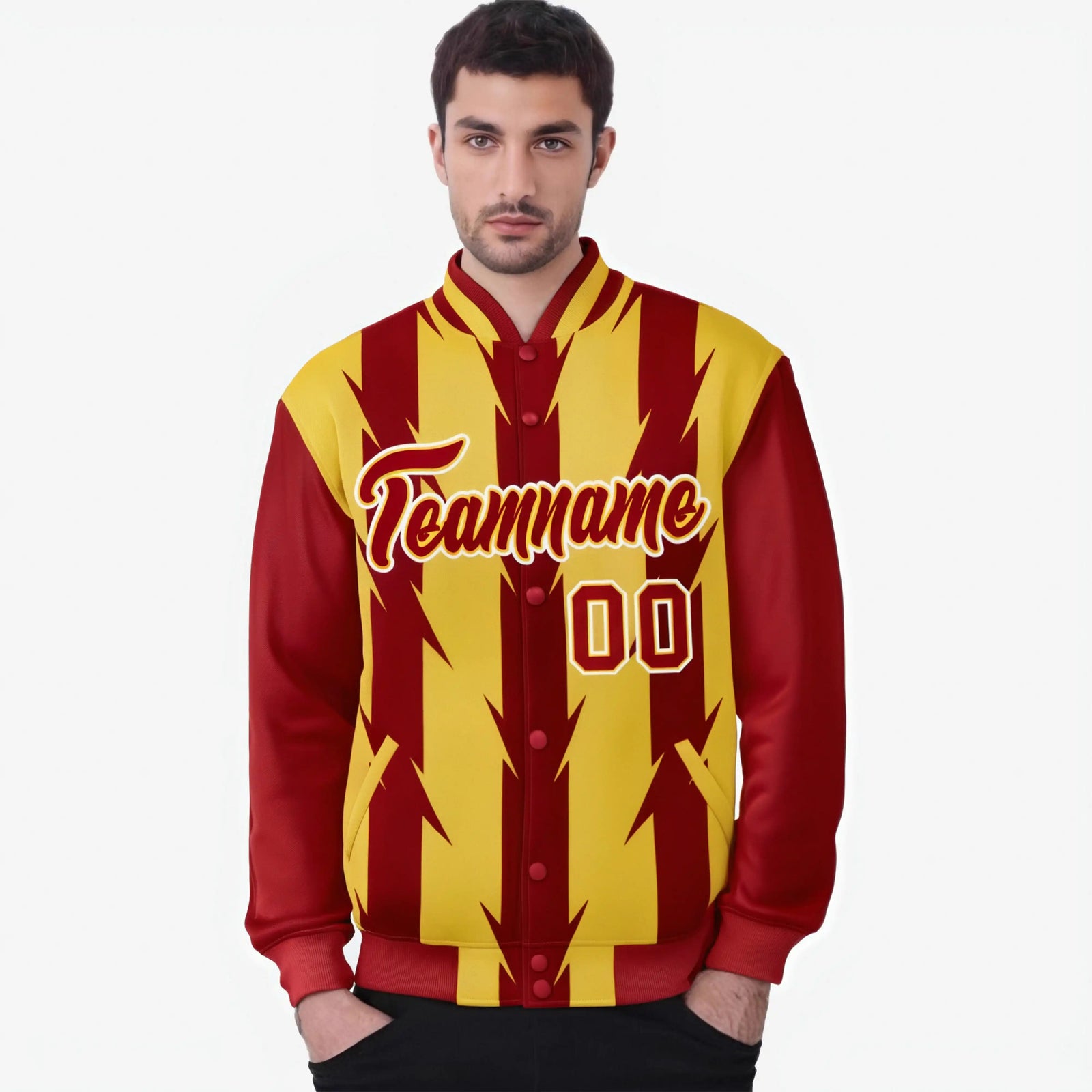 Custom Yellow Red-White Blade Graffiti Pattern Varsity Full-Snap Jacket