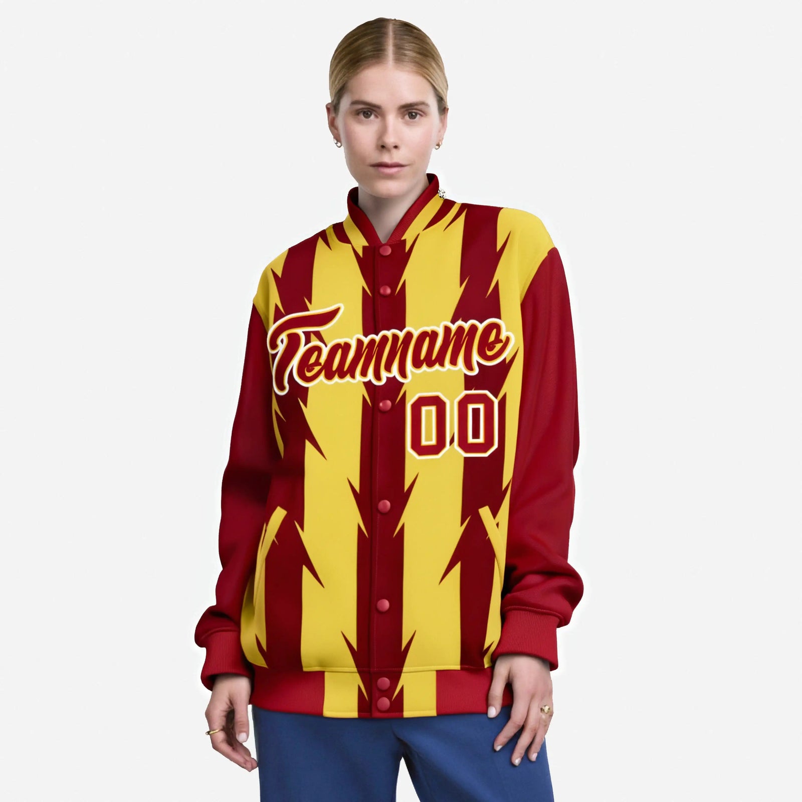 Custom Yellow Red-White Blade Graffiti Pattern Varsity Full-Snap Jacket