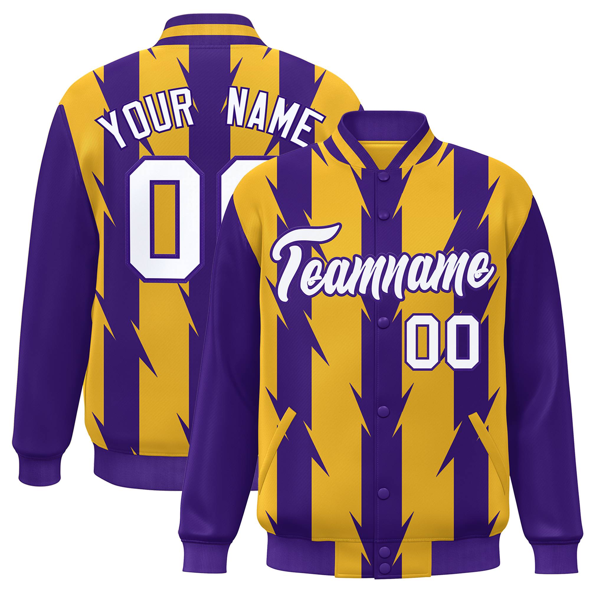 Custom Yellow Purple-White Blade Graffiti Pattern Varsity Full-Snap Jacket