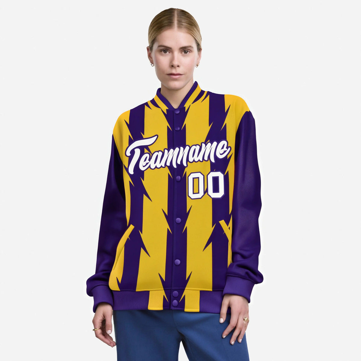 Custom Yellow Purple-White Blade Graffiti Pattern Varsity Full-Snap Jacket