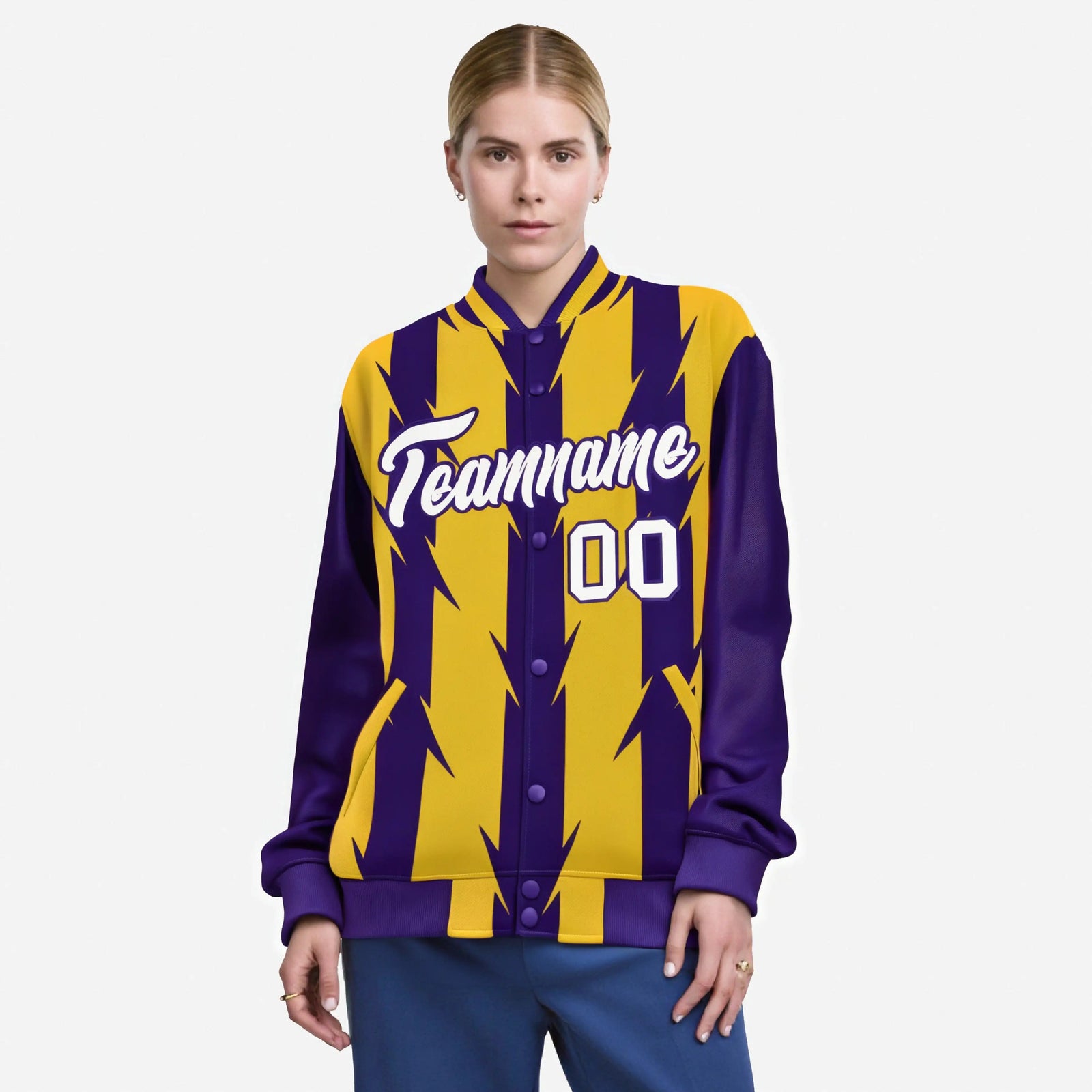 Custom Yellow Purple-White Blade Graffiti Pattern Varsity Full-Snap Jacket