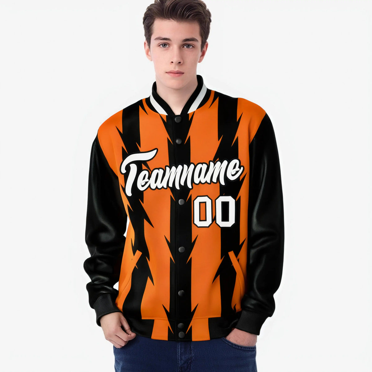 Custom Orange Black-White Blade Graffiti Pattern Varsity Full-Snap Jacket