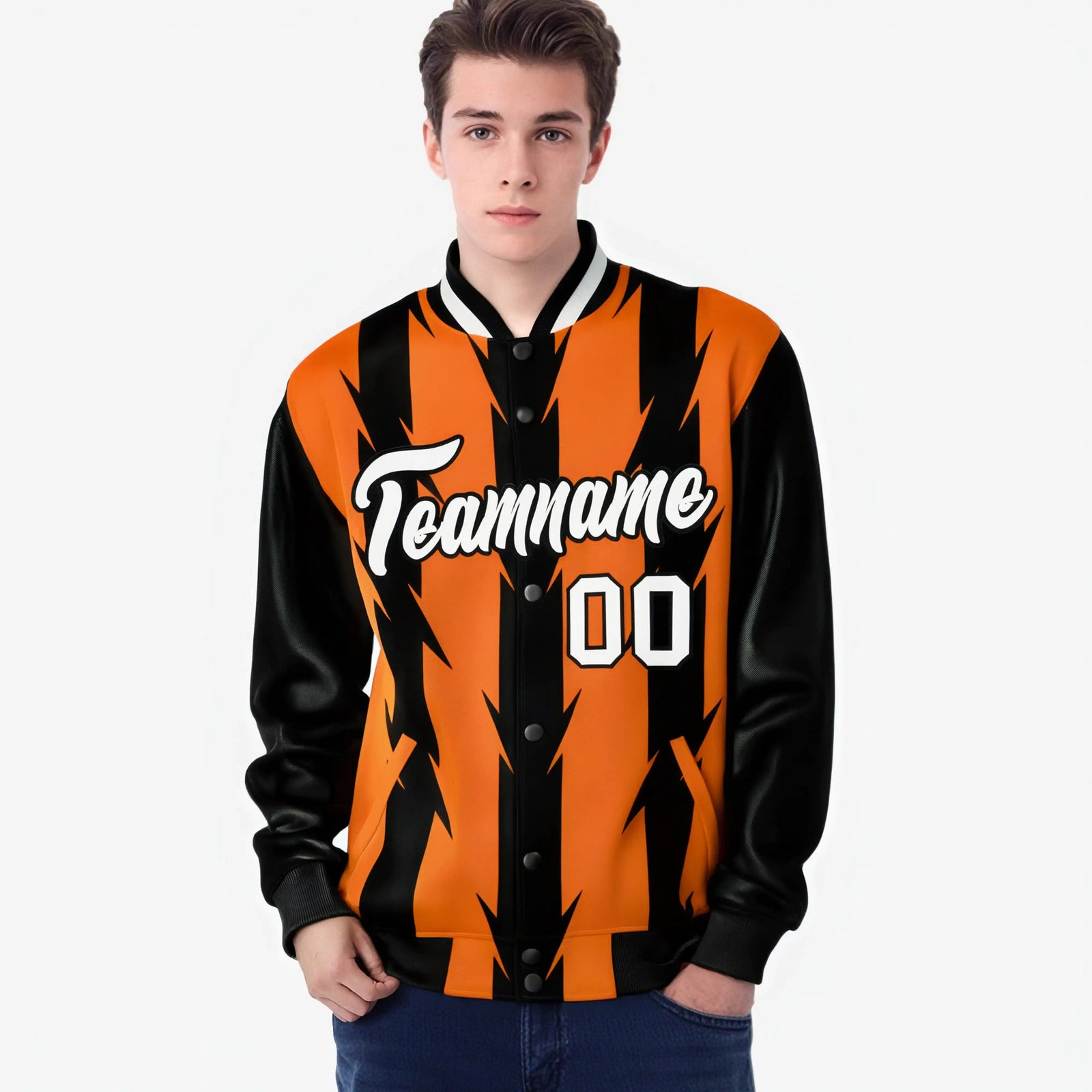 Custom Orange Black-White Blade Graffiti Pattern Varsity Full-Snap Jacket