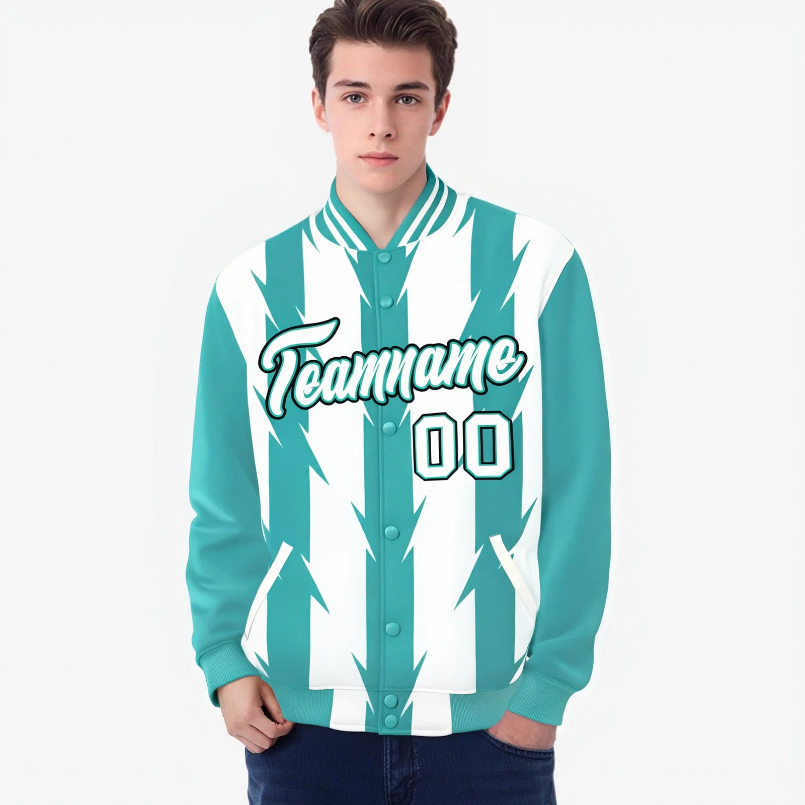 Custom White Aqua-Black Blade Graffiti Pattern Varsity Full-Snap Jacket