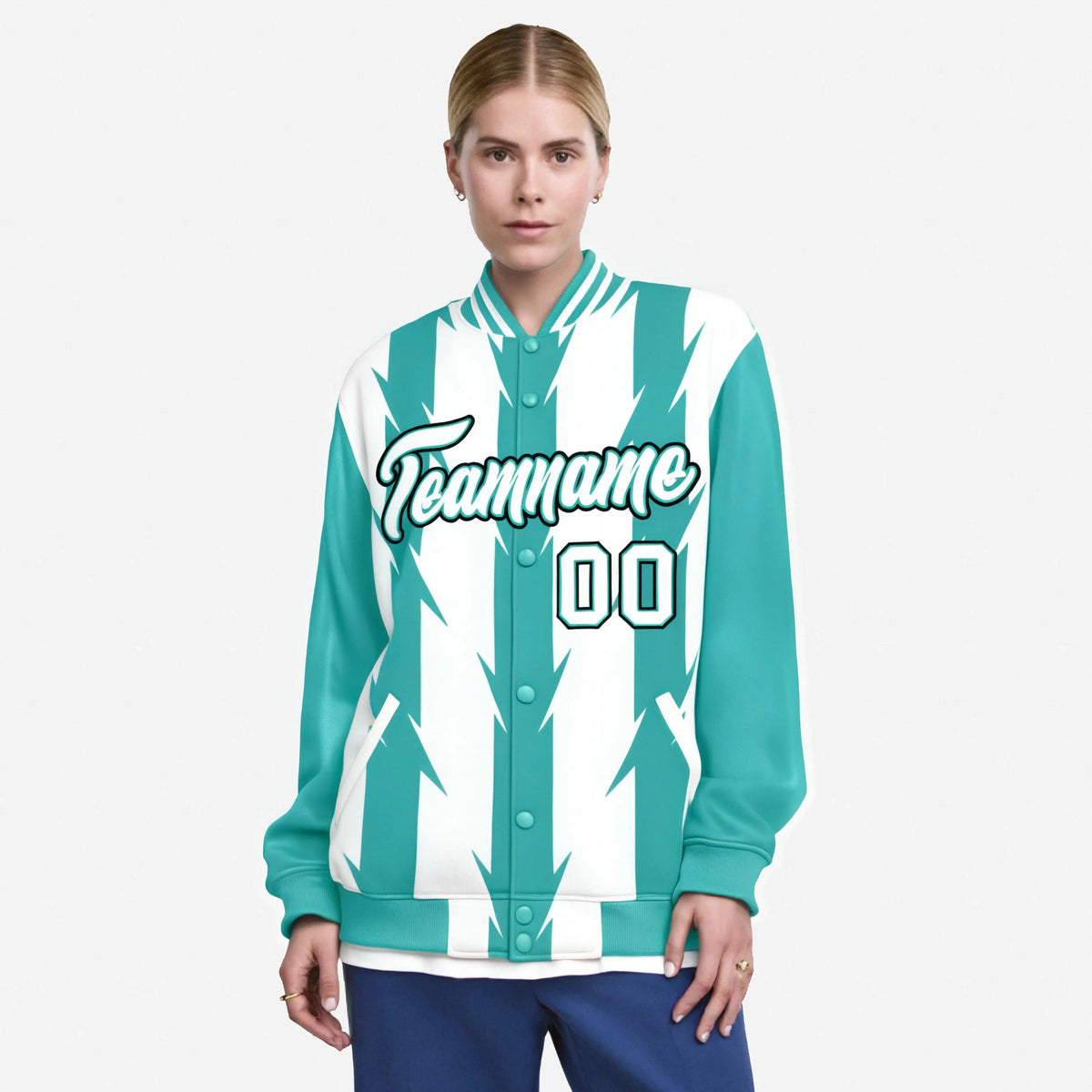 Custom White Aqua-Black Blade Graffiti Pattern Varsity Full-Snap Jacket