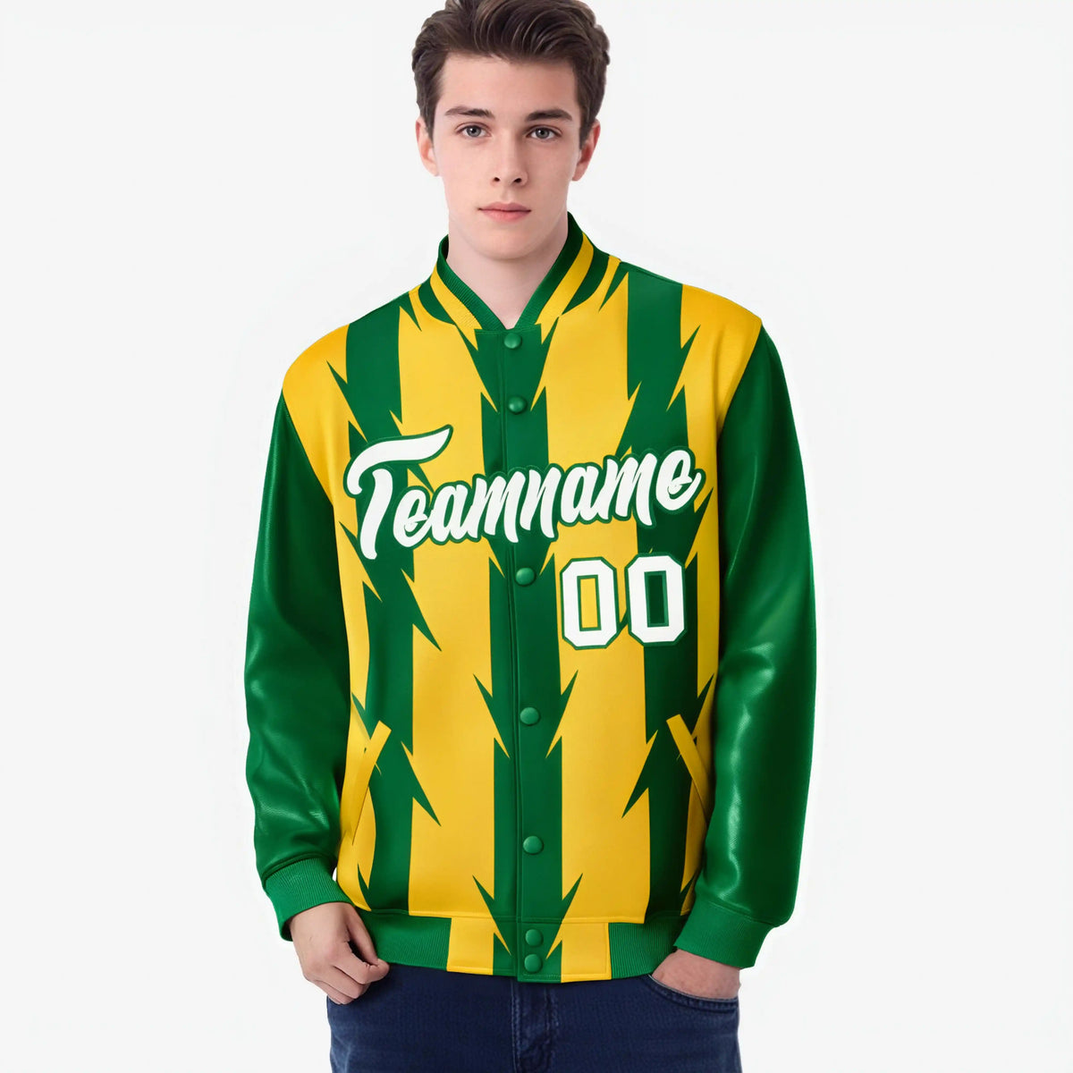 Custom Yellow Green-White Blade Graffiti Pattern Varsity Full-Snap Jacket
