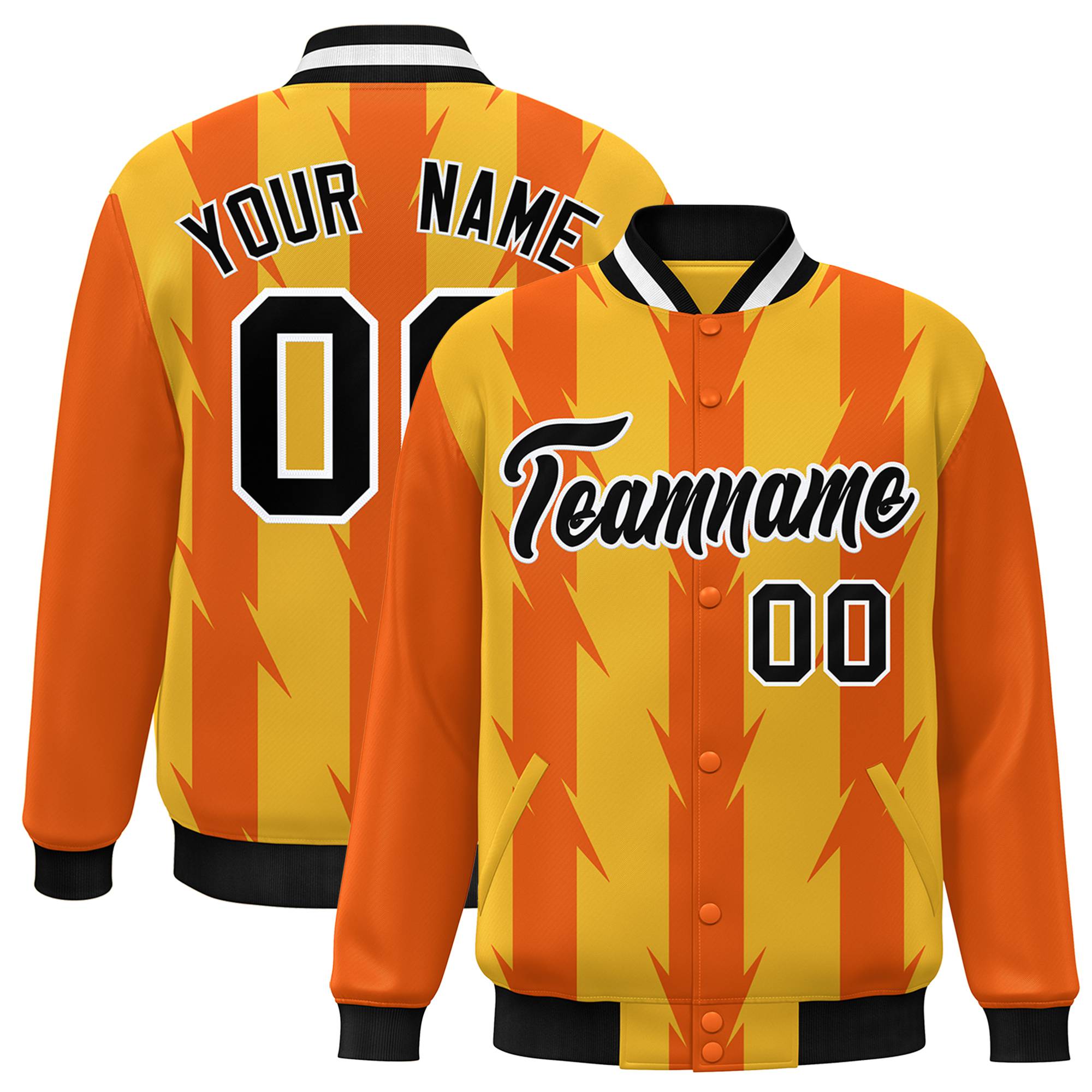 Custom Yellow Orange Black-White Blade Graffiti Pattern Varsity Full-Snap Jacket