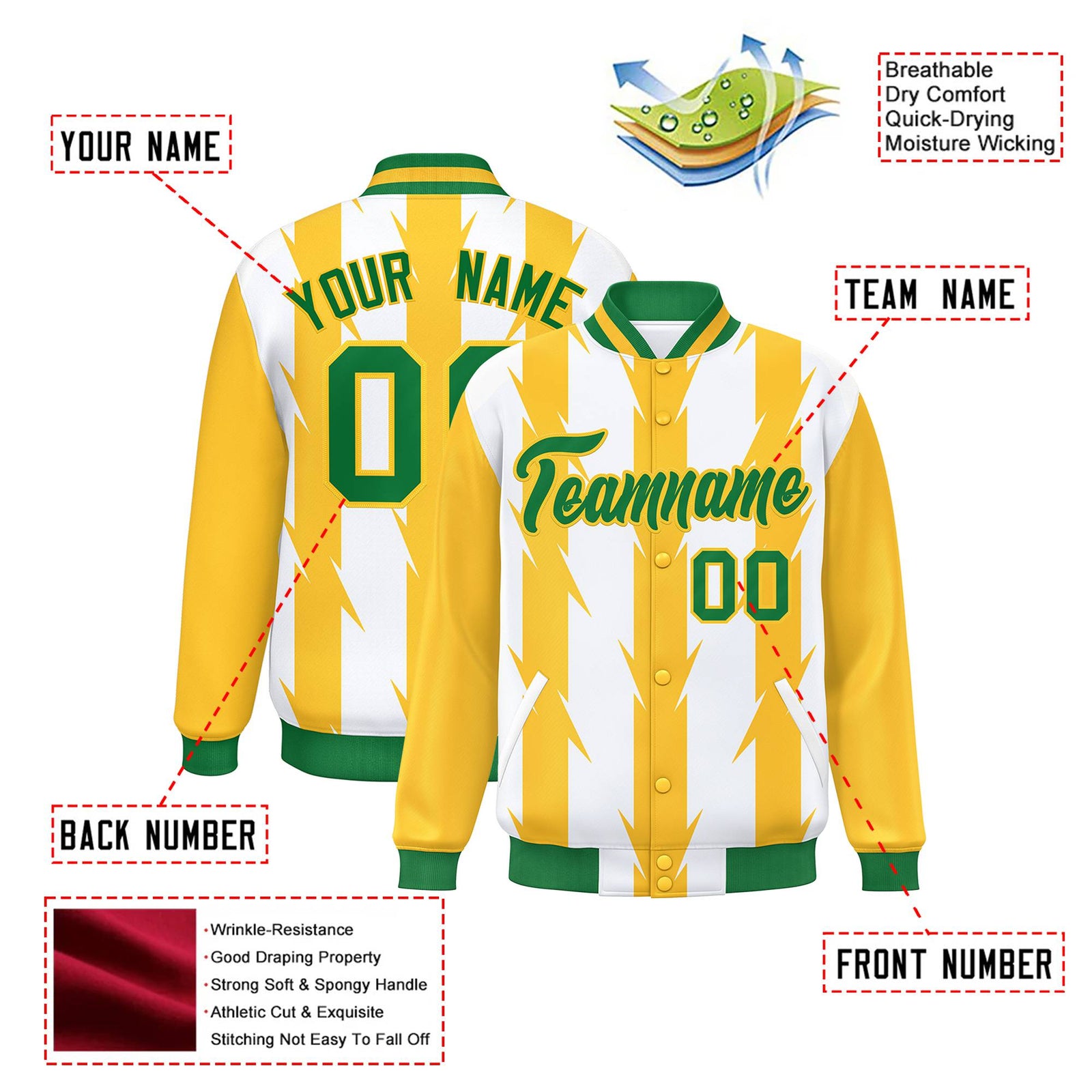 Custom White Gold-Kelly Green Blade Graffiti Pattern Varsity Full-Snap Jacket