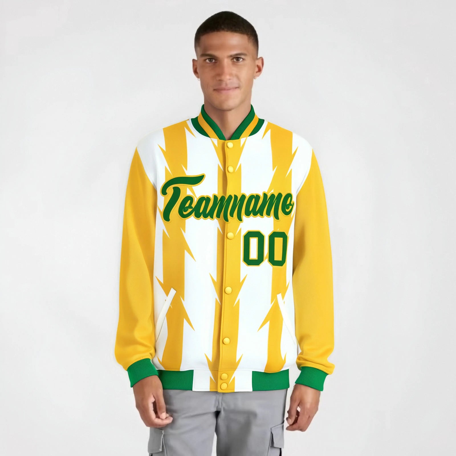 Custom White Gold-Kelly Green Blade Graffiti Pattern Varsity Full-Snap Jacket