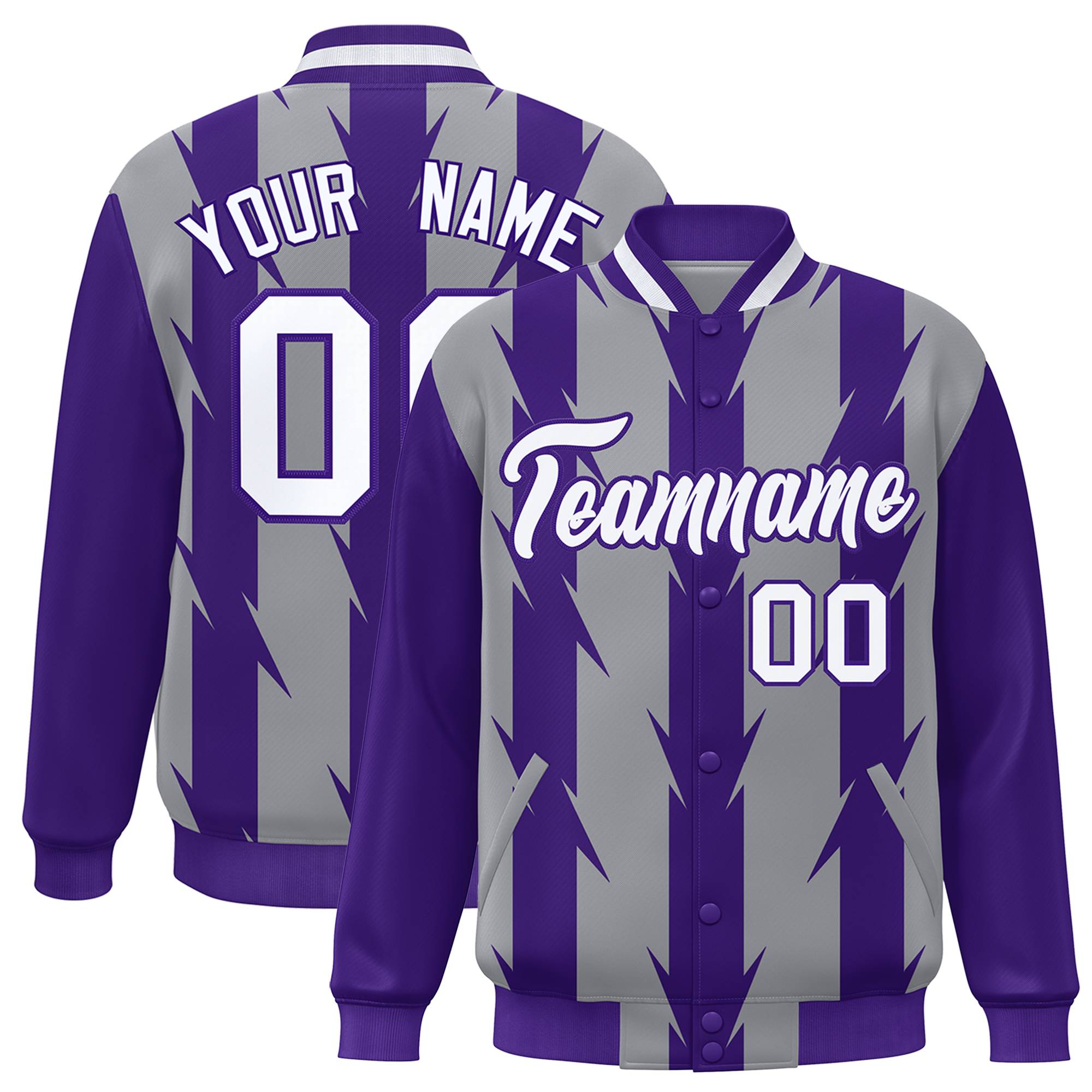 Custom Gray Purple-White Blade Graffiti Pattern Varsity Full-Snap Jacket