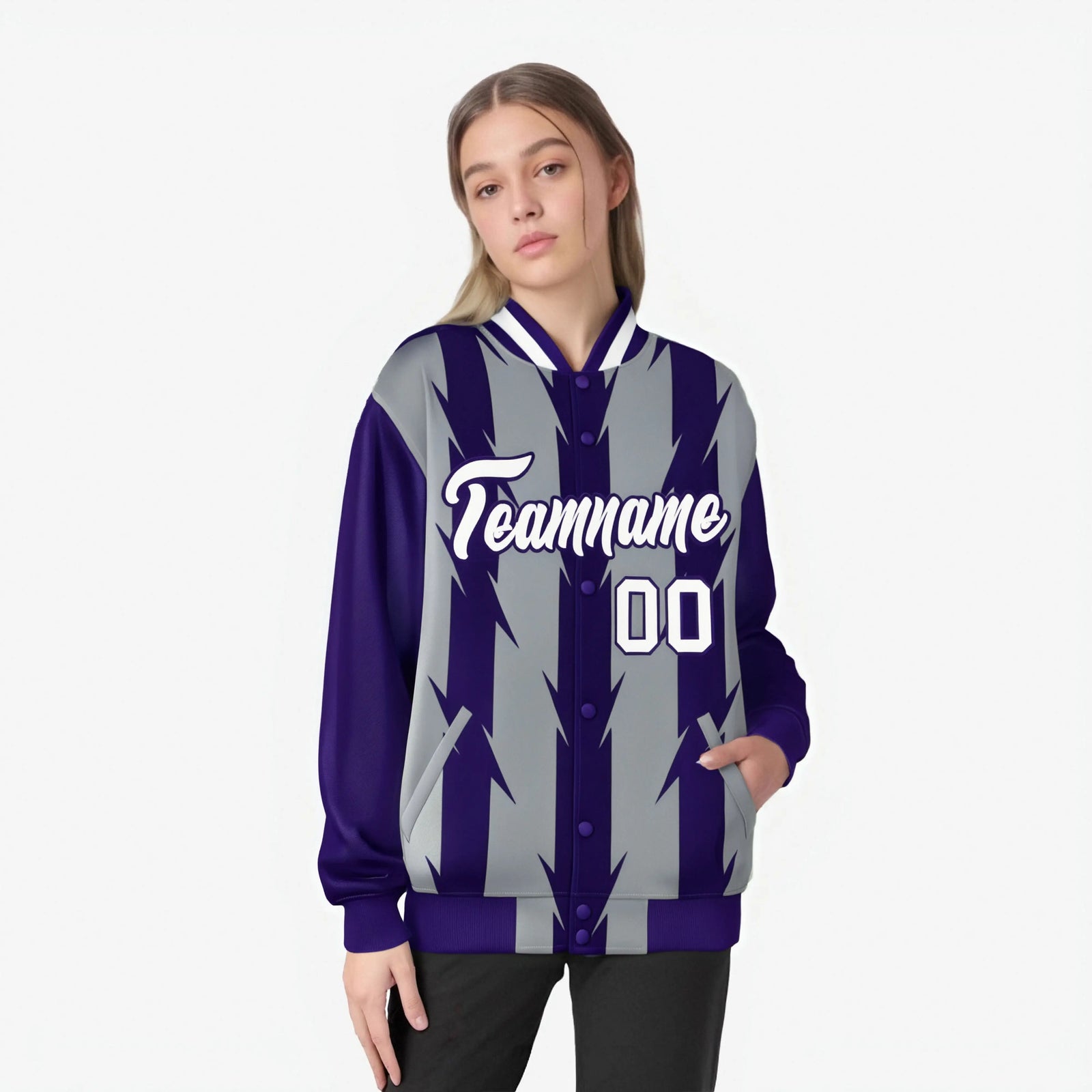 Custom Gray Purple-White Blade Graffiti Pattern Varsity Full-Snap Jacket