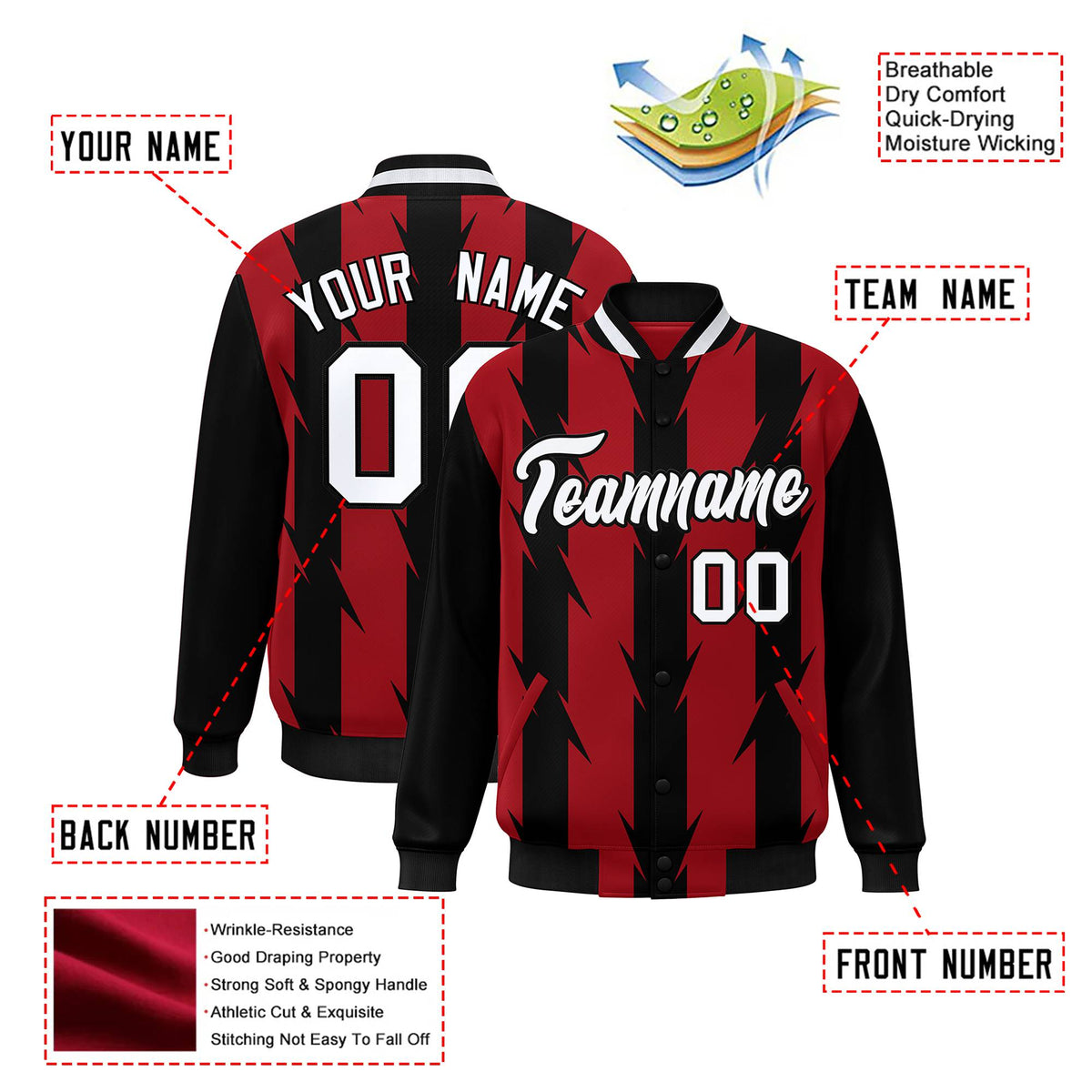 Custom Red Black-White Blade Graffiti Pattern Varsity Full-Snap Jacket