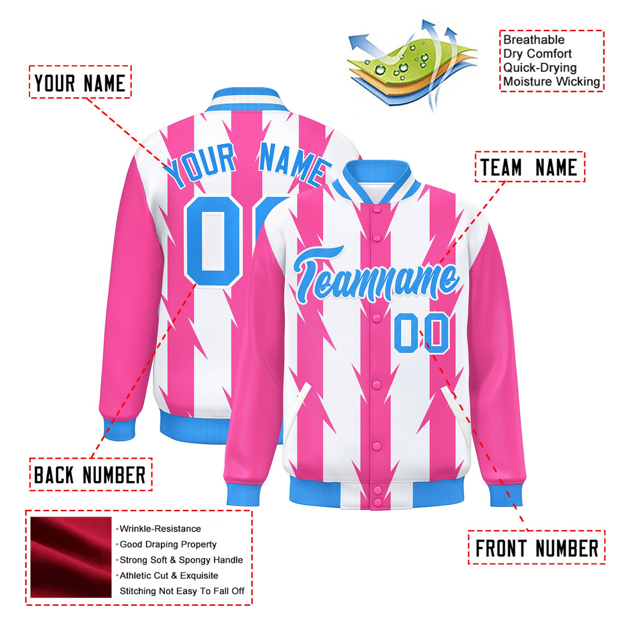 Custom White Pink-Powder Blue Blade Graffiti Pattern Varsity Full-Snap Jacket