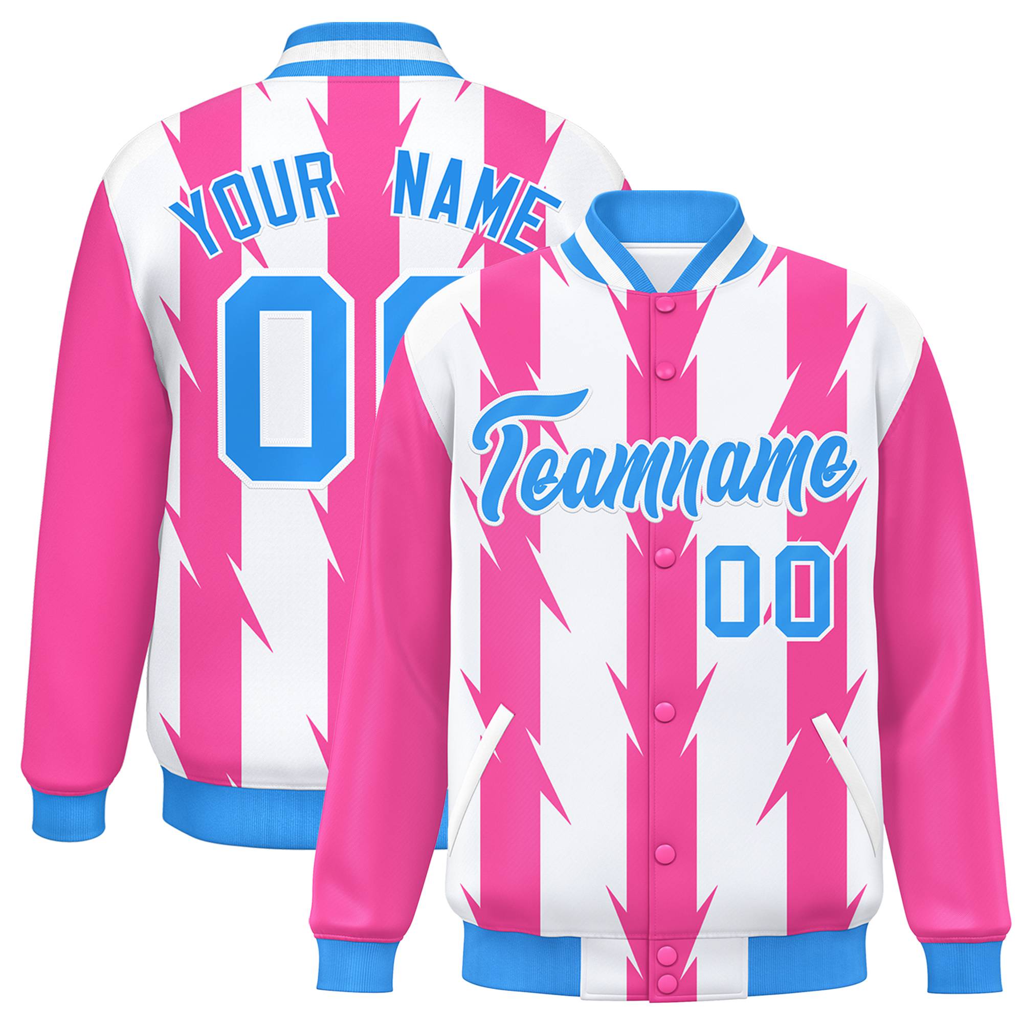 Custom White Pink-Powder Blue Blade Graffiti Pattern Varsity Full-Snap Jacket