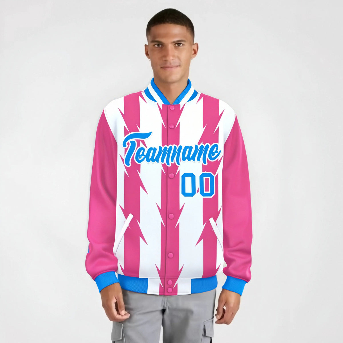 Custom White Pink-Powder Blue Blade Graffiti Pattern Varsity Full-Snap Jacket
