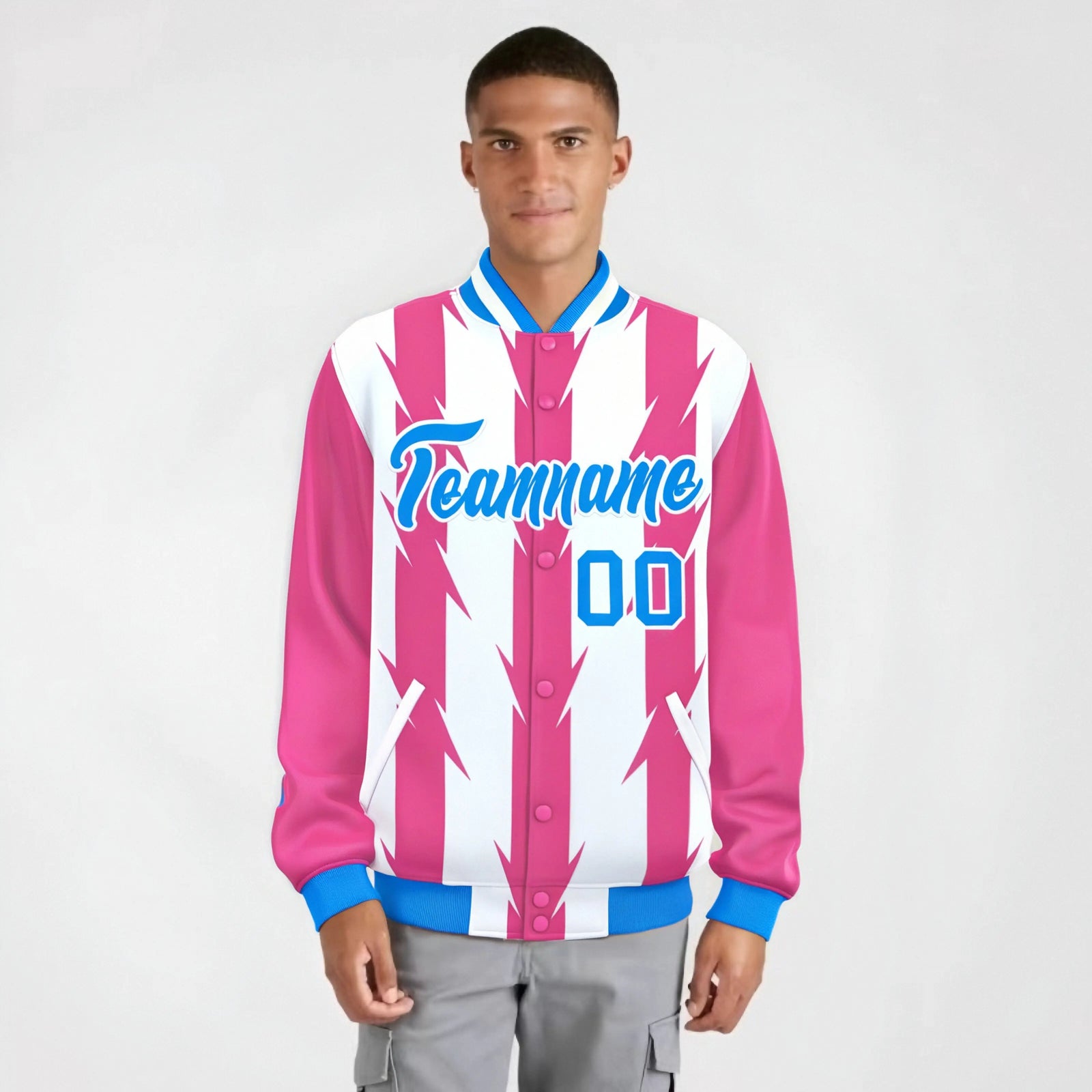 Custom White Pink-Powder Blue Blade Graffiti Pattern Varsity Full-Snap Jacket