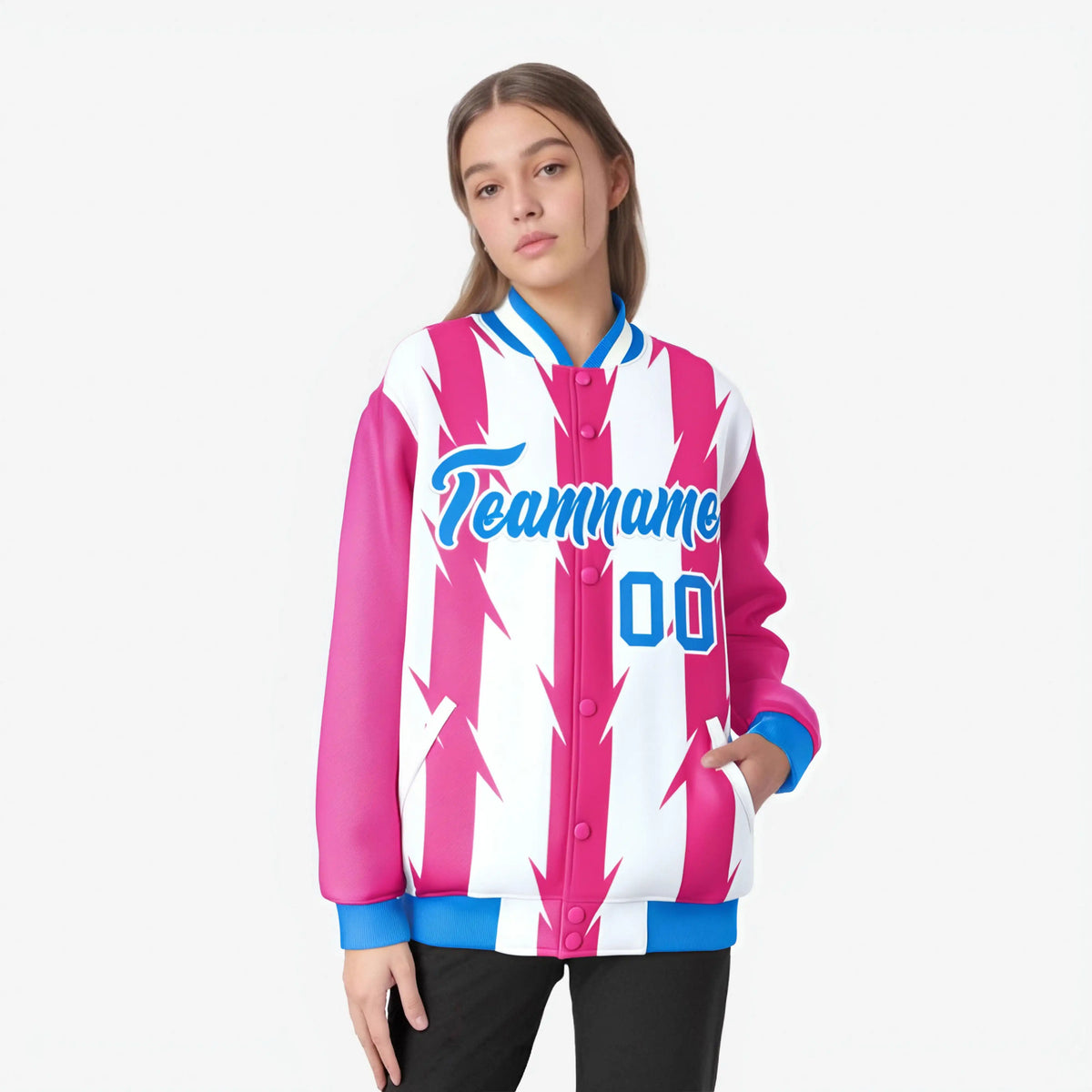 Custom White Pink-Powder Blue Blade Graffiti Pattern Varsity Full-Snap Jacket