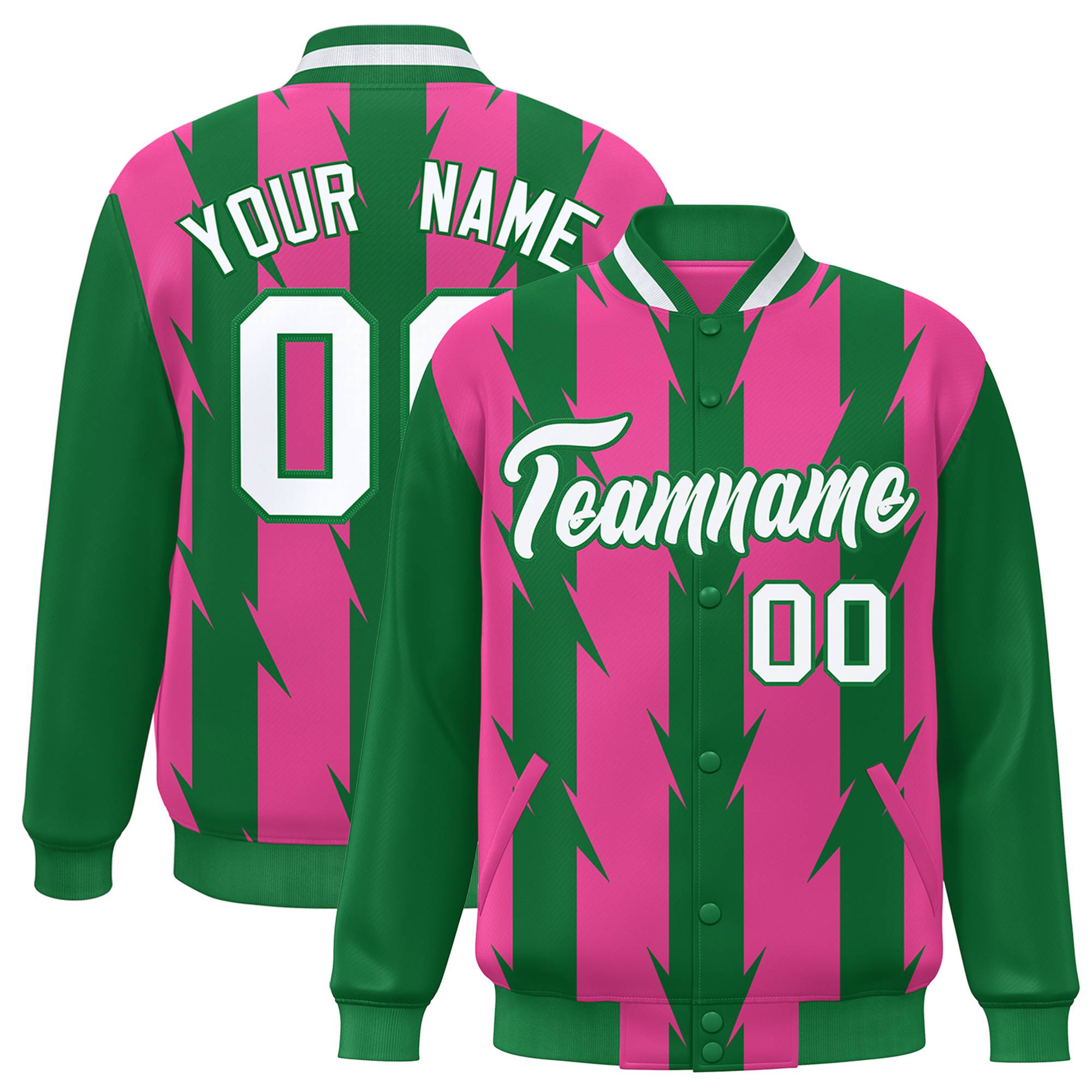 Custom Pink Kelly Green-White Blade Graffiti Pattern Varsity Full-Snap Jacket