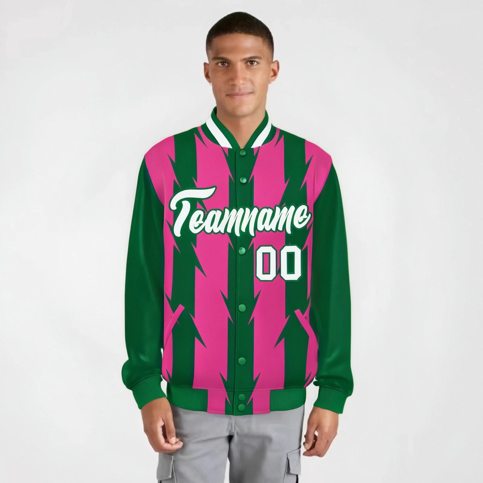 Custom Pink Kelly Green-White Blade Graffiti Pattern Varsity Full-Snap Jacket