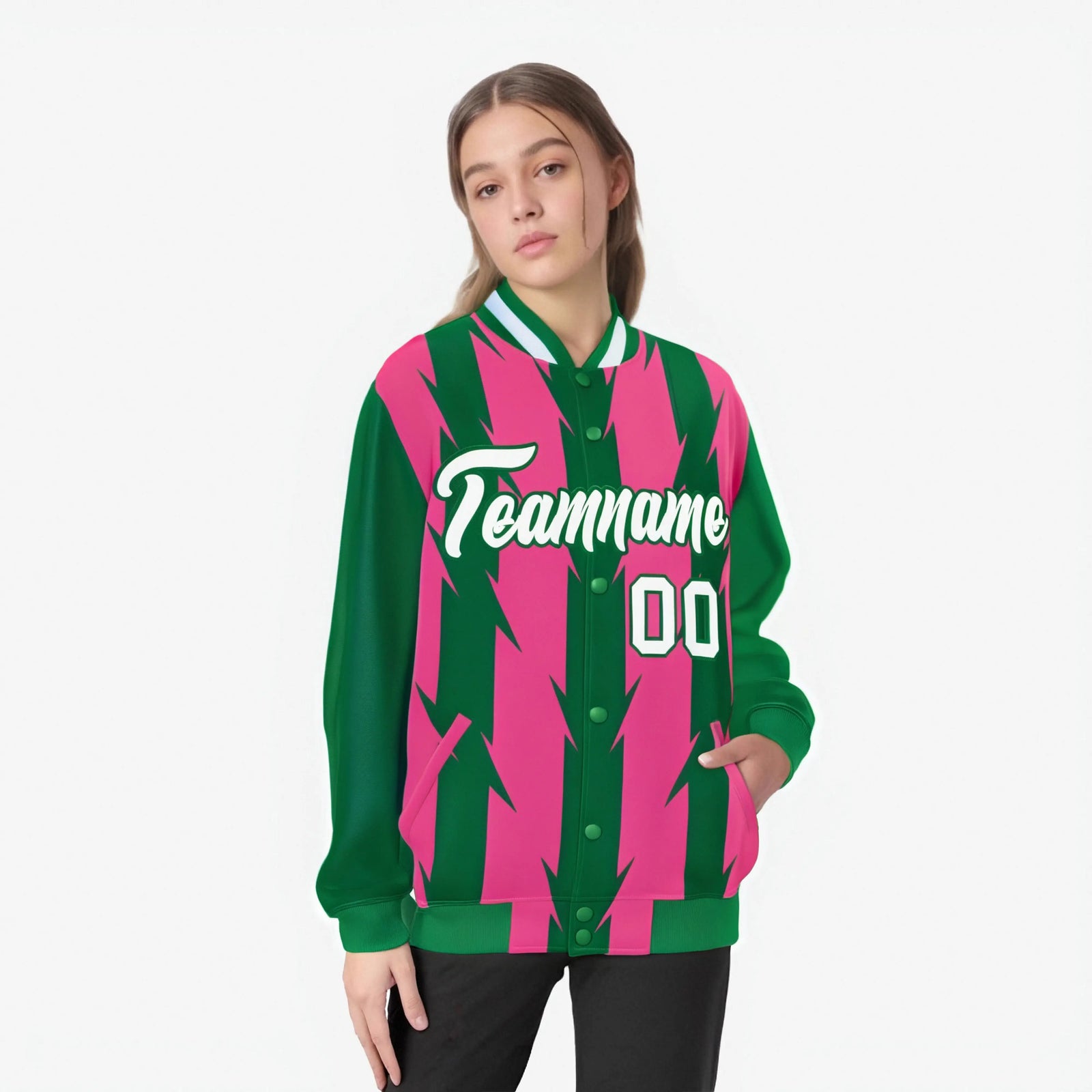 Custom Pink Kelly Green-White Blade Graffiti Pattern Varsity Full-Snap Jacket