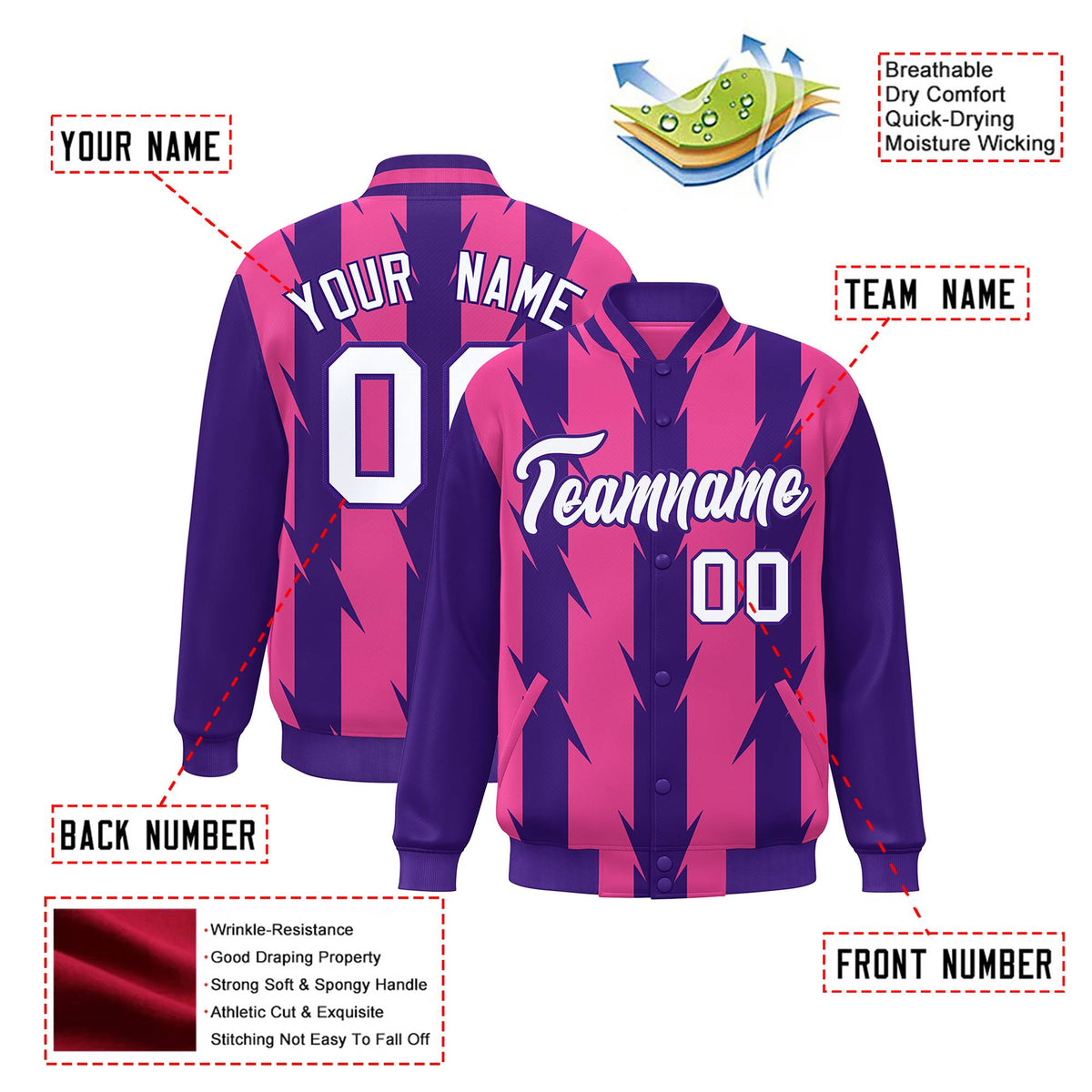 Custom Pink Purple-White Blade Graffiti Pattern Varsity Full-Snap Jacket
