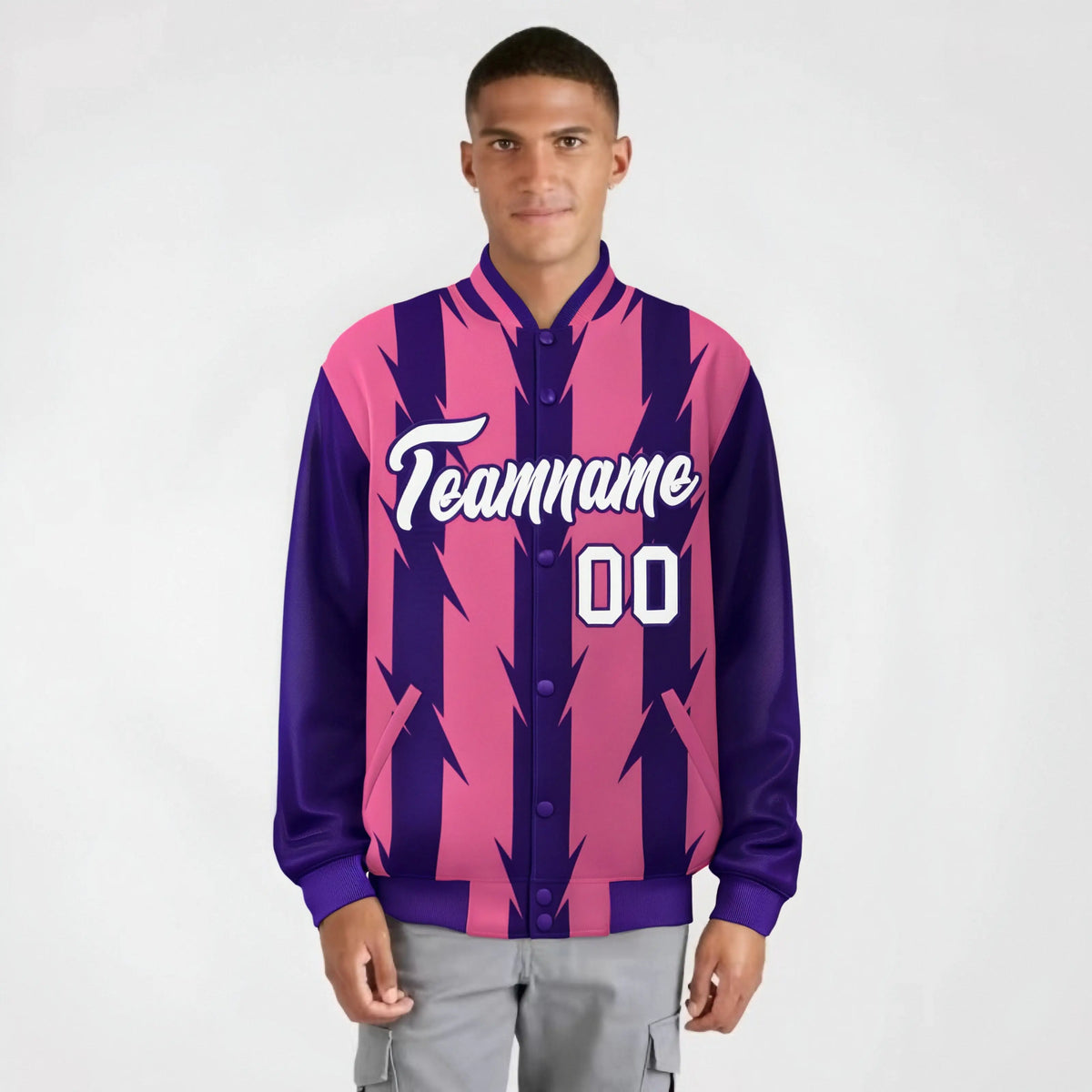 Custom Pink Purple-White Blade Graffiti Pattern Varsity Full-Snap Jacket