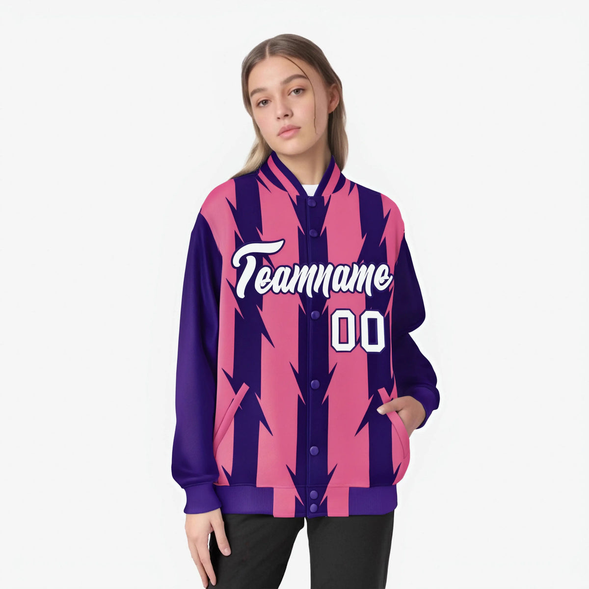Custom Pink Purple-White Blade Graffiti Pattern Varsity Full-Snap Jacket