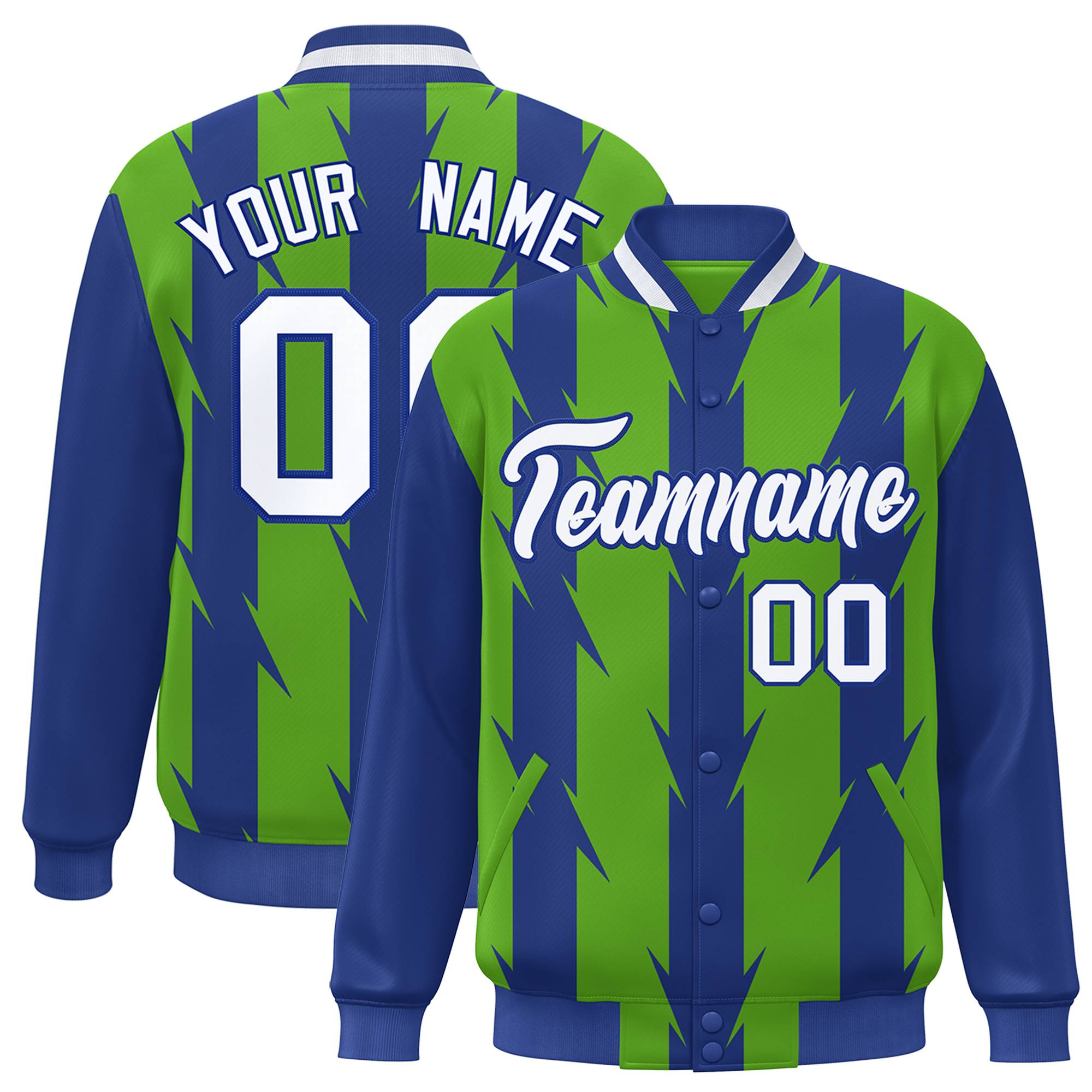 Custom Neon Green Royal Blue-White Blade Graffiti Pattern Varsity Full-Snap Jacket