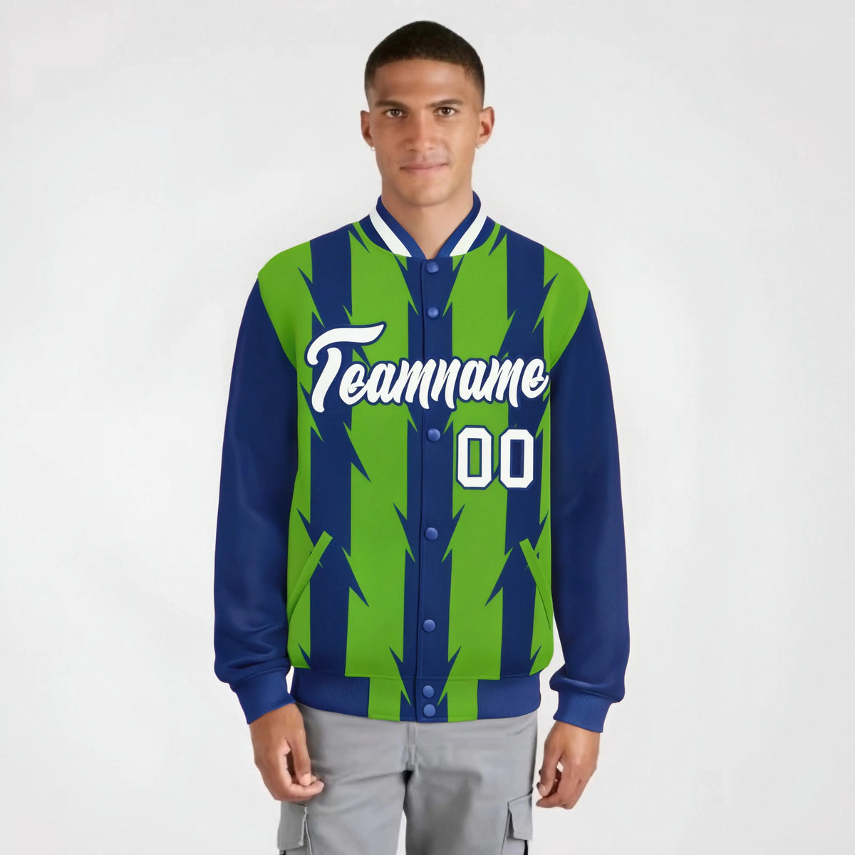 Custom Neon Green Royal Blue-White Blade Graffiti Pattern Varsity Full-Snap Jacket