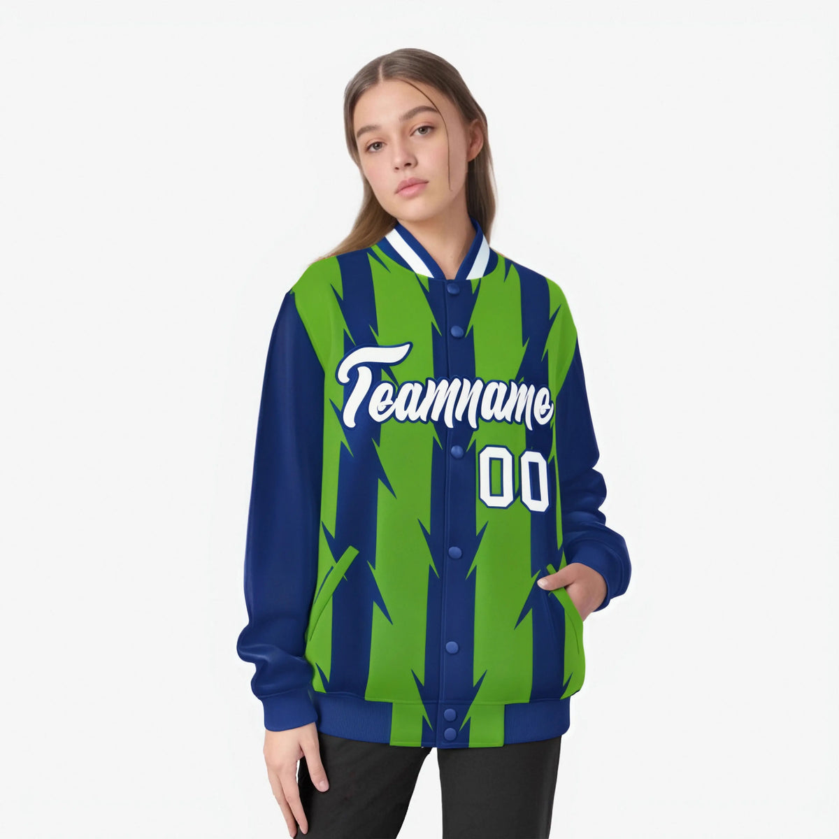 Custom Neon Green Royal Blue-White Blade Graffiti Pattern Varsity Full-Snap Jacket