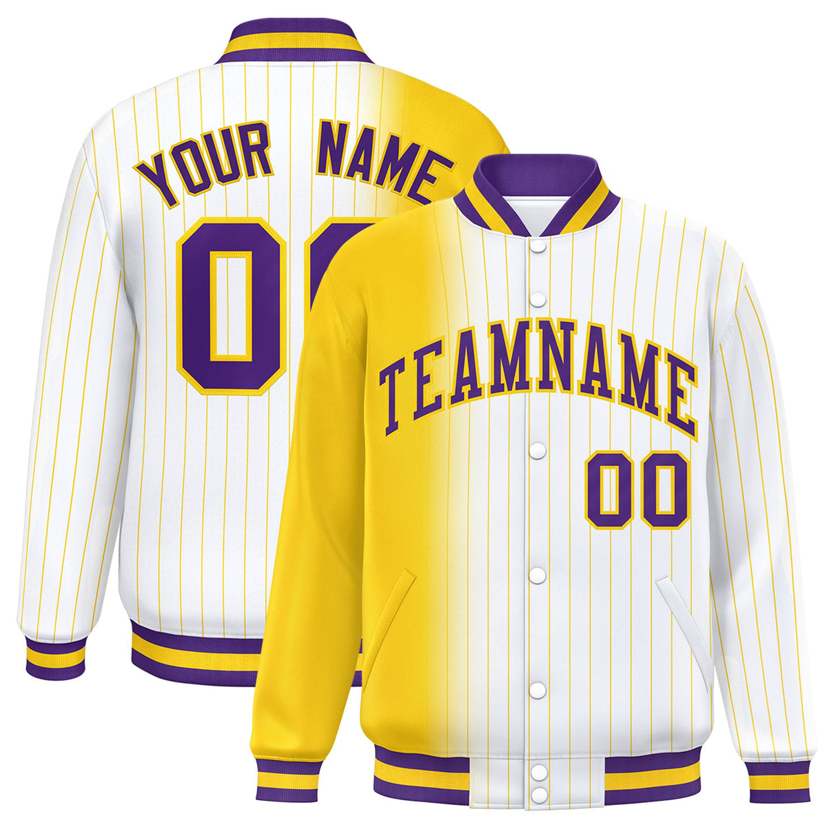 Custom White Gold Pinstripe Purple-Gold Gradient Fashion Varsity Full-Snap Jacket