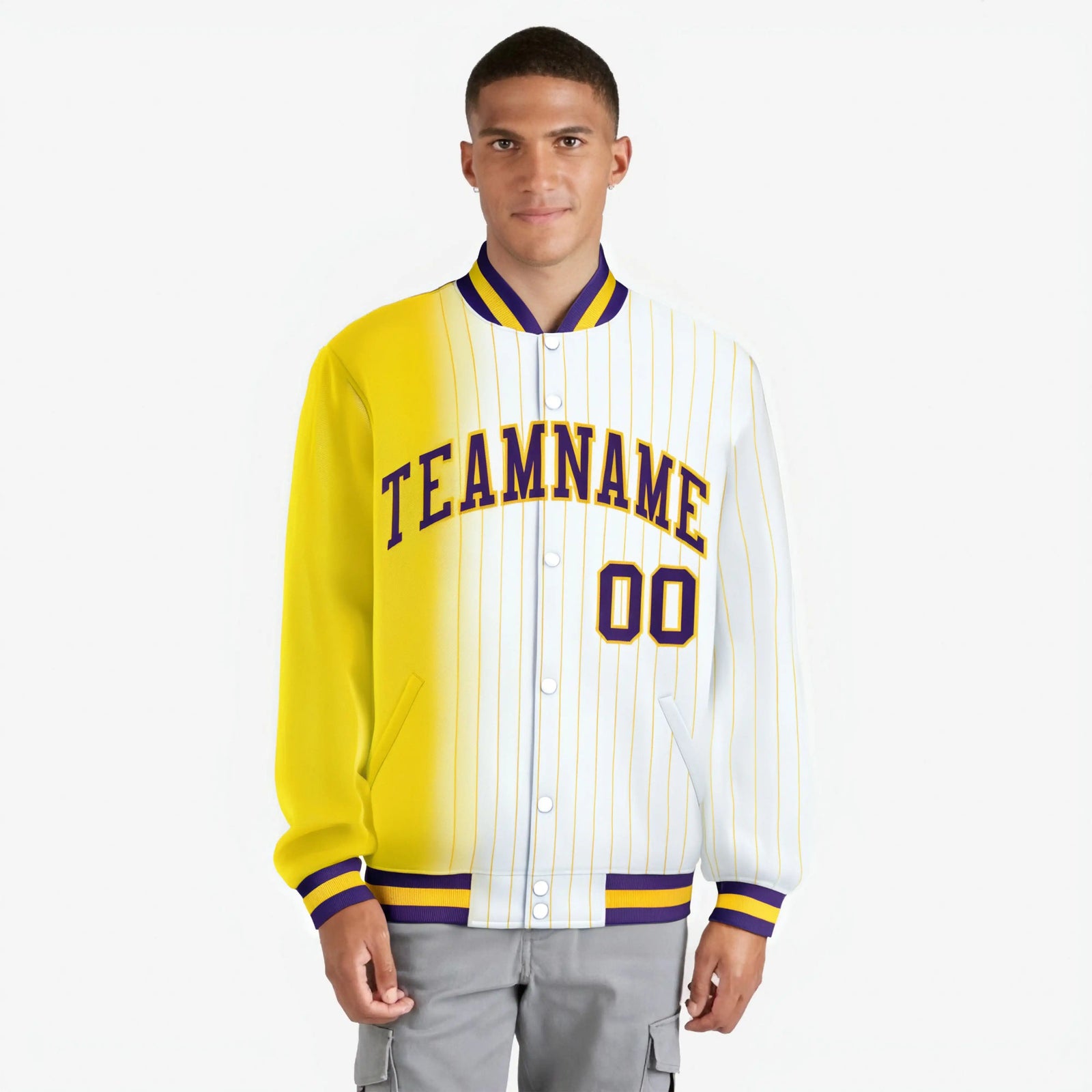 Custom White Gold Pinstripe Purple-Gold Gradient Fashion Varsity Full-Snap Jacket