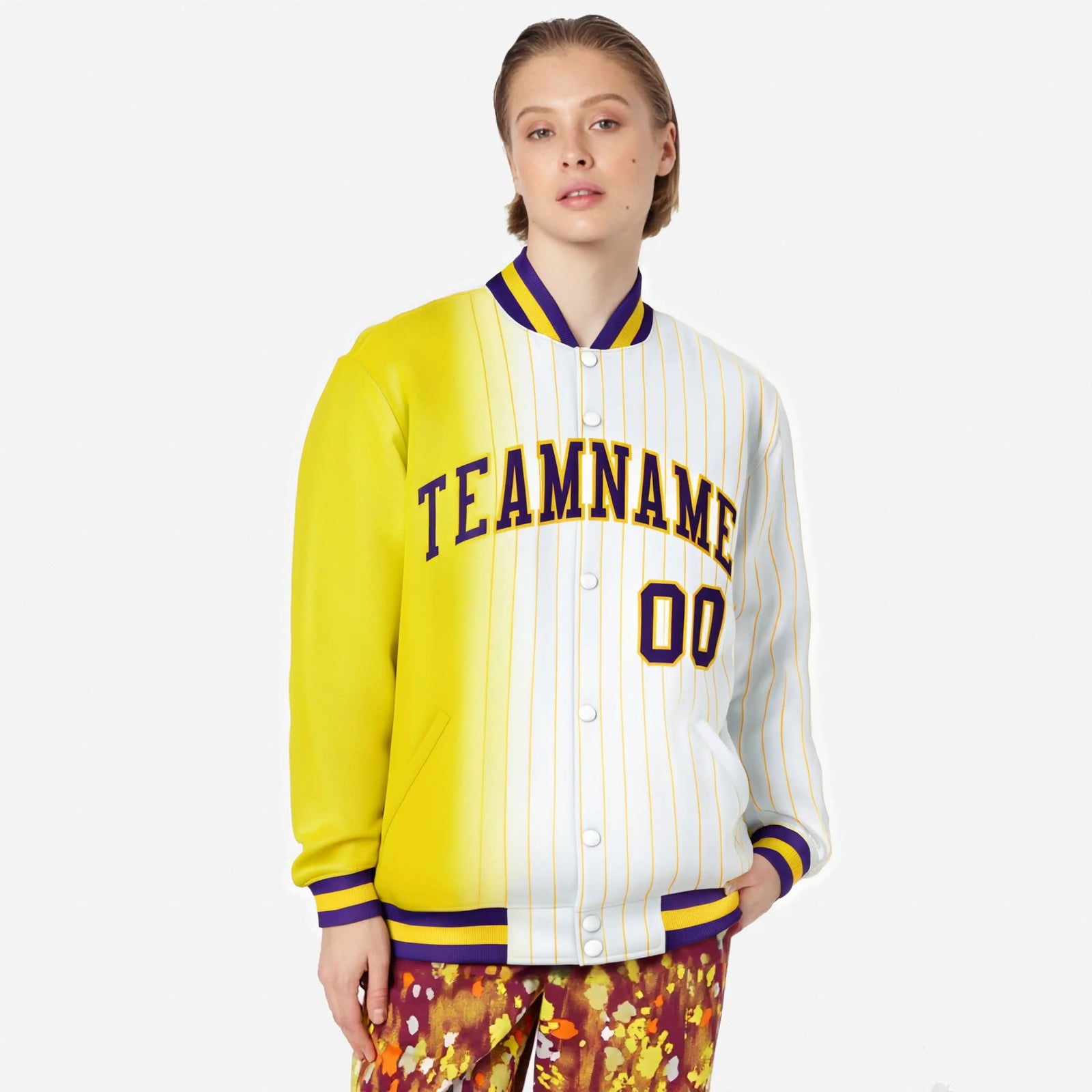 Custom White Gold Pinstripe Purple-Gold Gradient Fashion Varsity Full-Snap Jacket