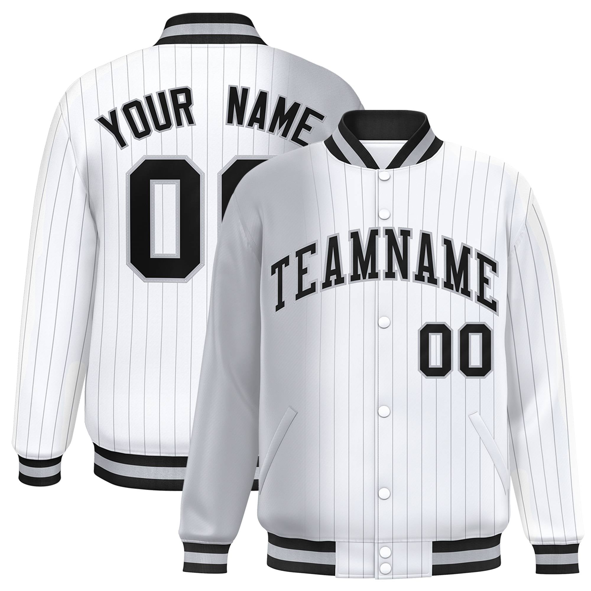 Custom White Gray Pinstripe Black-Gray Gradient Fashion Varsity Full-Snap Jacket