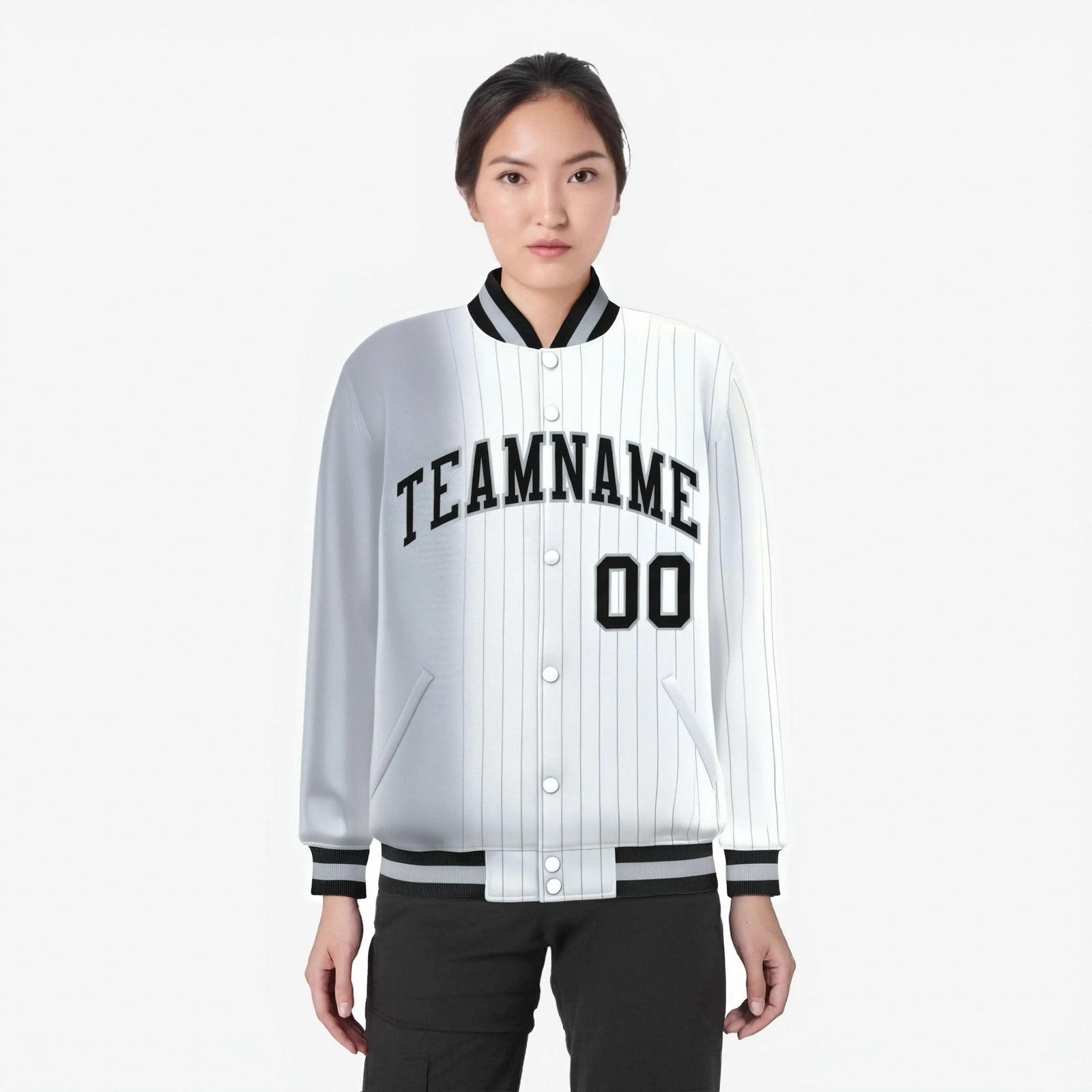 Custom White Gray Pinstripe Black-Gray Gradient Fashion Varsity Full-Snap Jacket