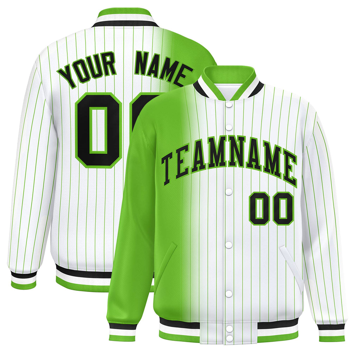 Custom White Neon-Green Pinstripe Black-Neon Green Gradient Fashion Varsity Full-Snap Jacket