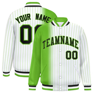 Chaqueta universitaria personalizada con estampado de rayas blancas y verde neón con degradado y cierre completo - Estilo 1