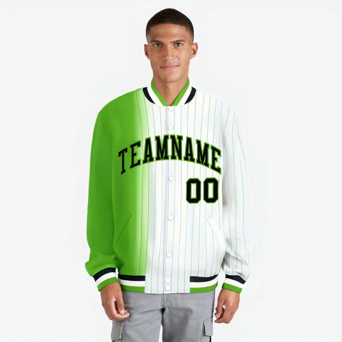 Custom White Neon-Green Pinstripe Black-Neon Green Gradient Fashion Varsity Full-Snap Jacket