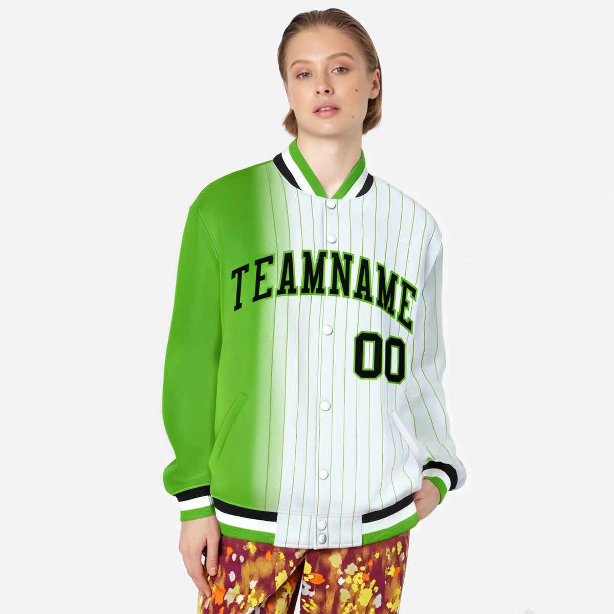 Custom White Neon-Green Pinstripe Black-Neon Green Gradient Fashion Varsity Full-Snap Jacket