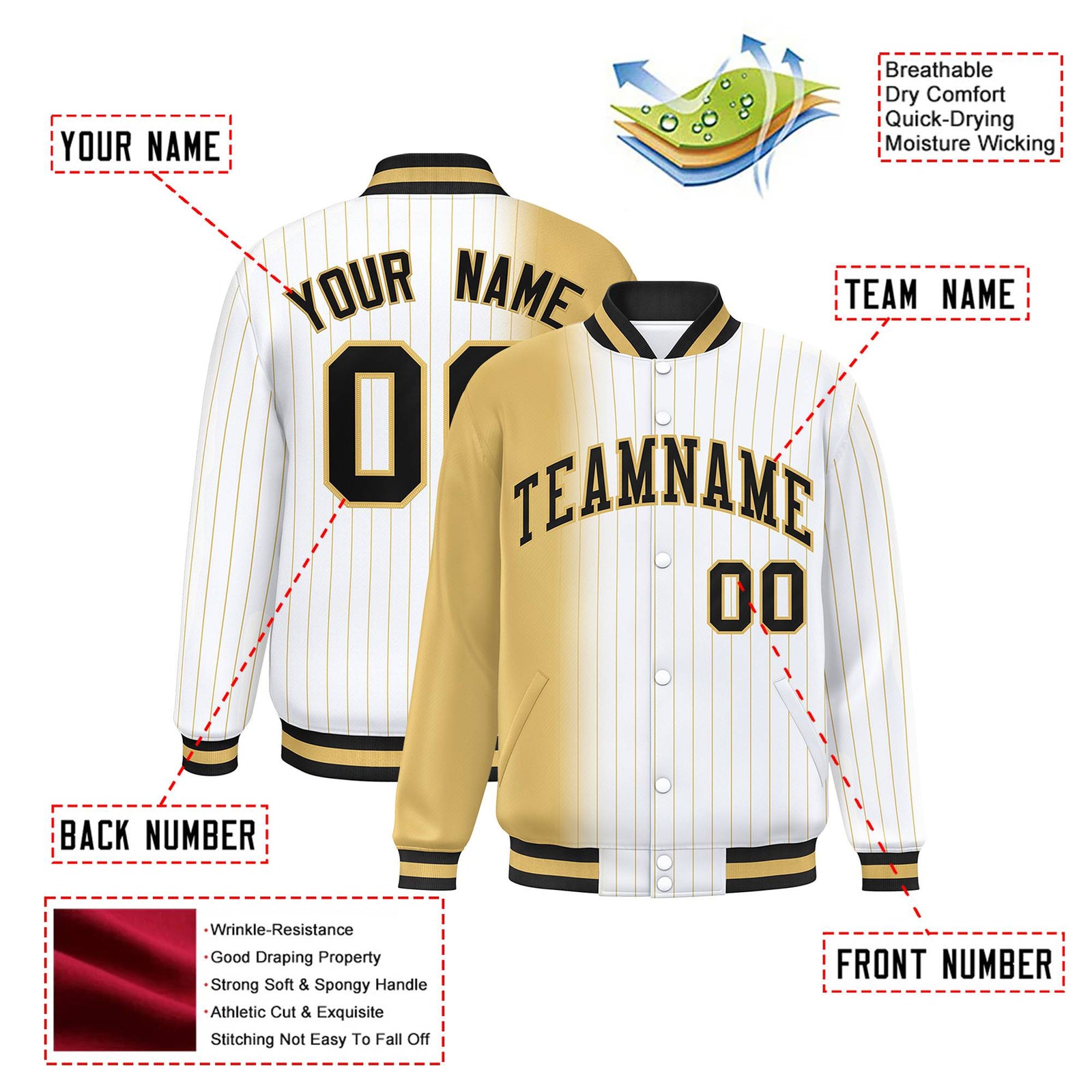 Custom White Khaki Pinstripe Black-Khaki Gradient Fashion Varsity Full-Snap Jacket