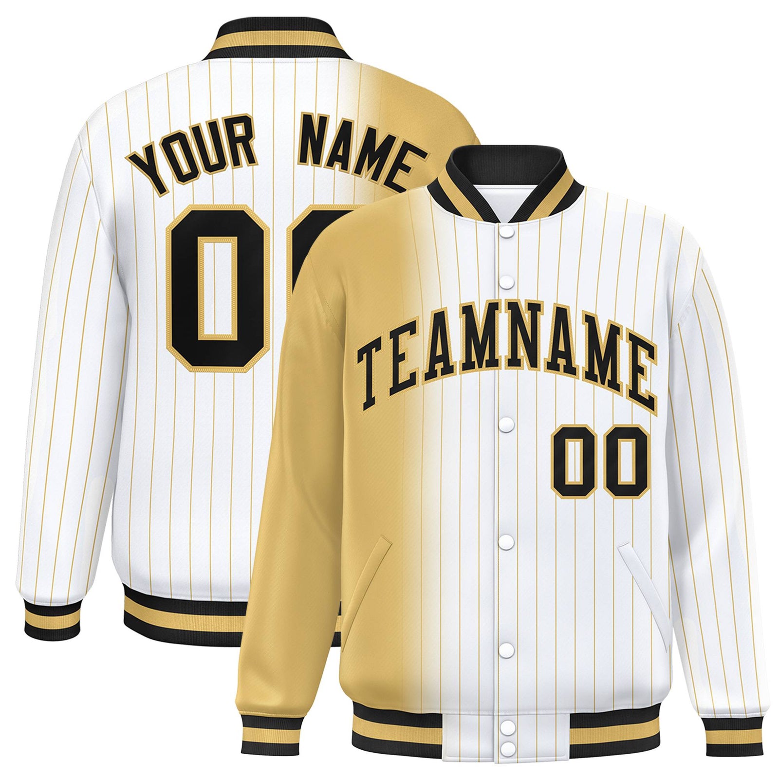 Custom White Khaki Pinstripe Black-Khaki Gradient Fashion Varsity Full-Snap Jacket