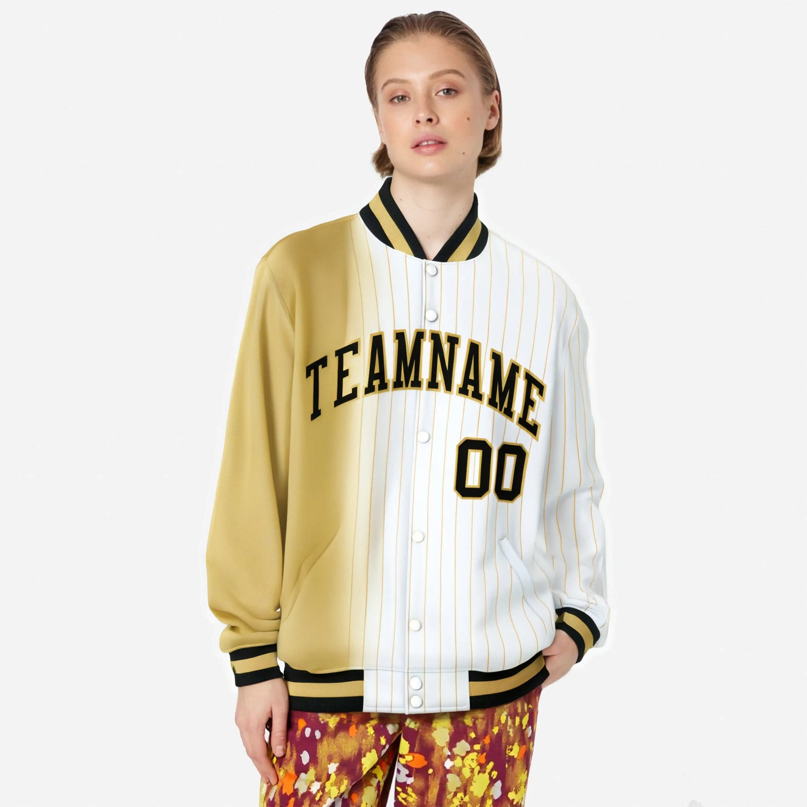 Custom White Khaki Pinstripe Black-Khaki Gradient Fashion Varsity Full-Snap Jacket