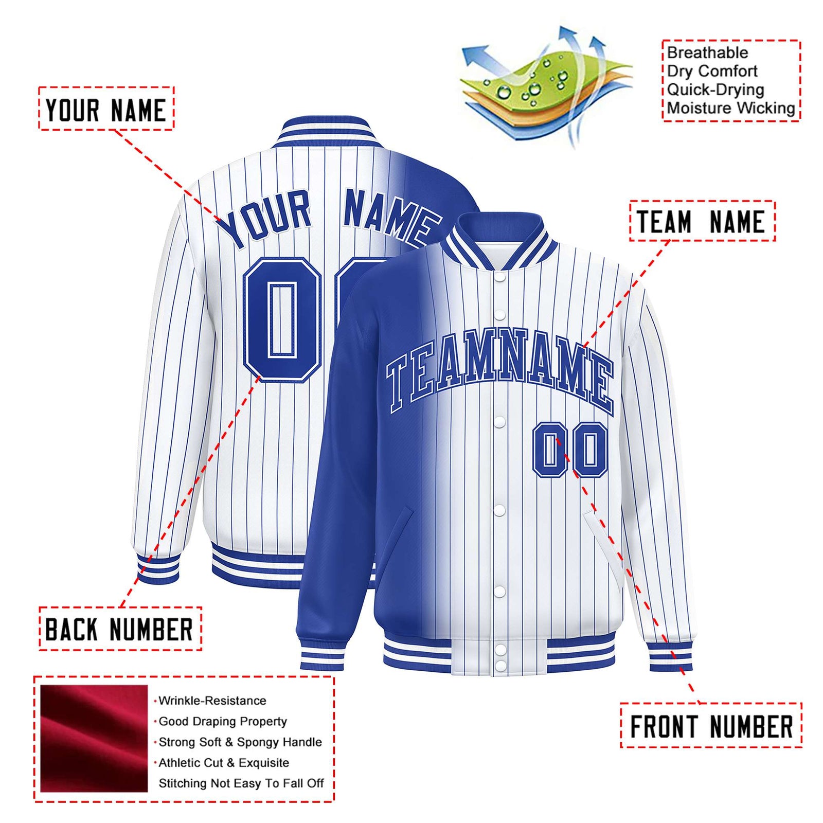 Custom White Royal Blue Pinstripe Royal Blue-White Gradient Fashion Varsity Full-Snap Jacket