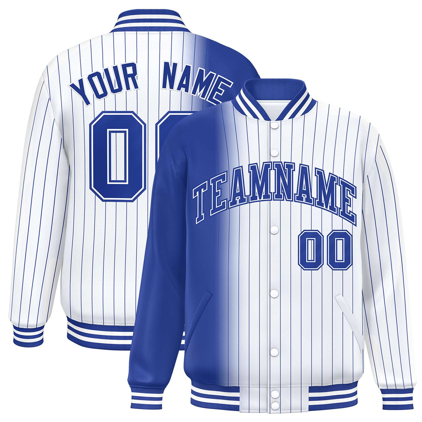 Custom White Royal Blue Pinstripe Royal Blue-White Gradient Fashion Varsity Full-Snap Jacket